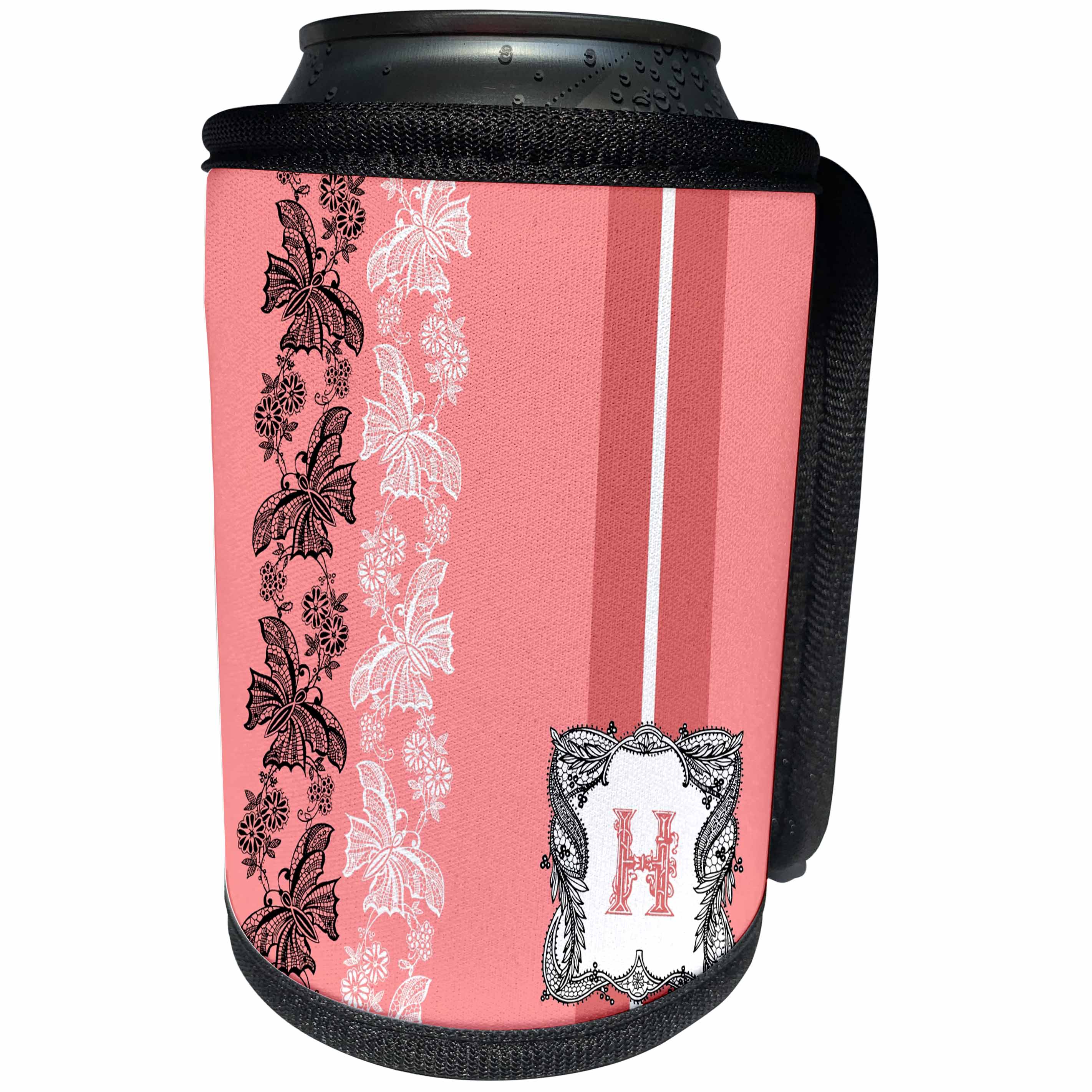 3dRose Russ Billington Monograms- Lacy Pink Initial H - Monogram Initial H in Pink White and Black - Can Cooler Bottle Wrap (cc_239033)