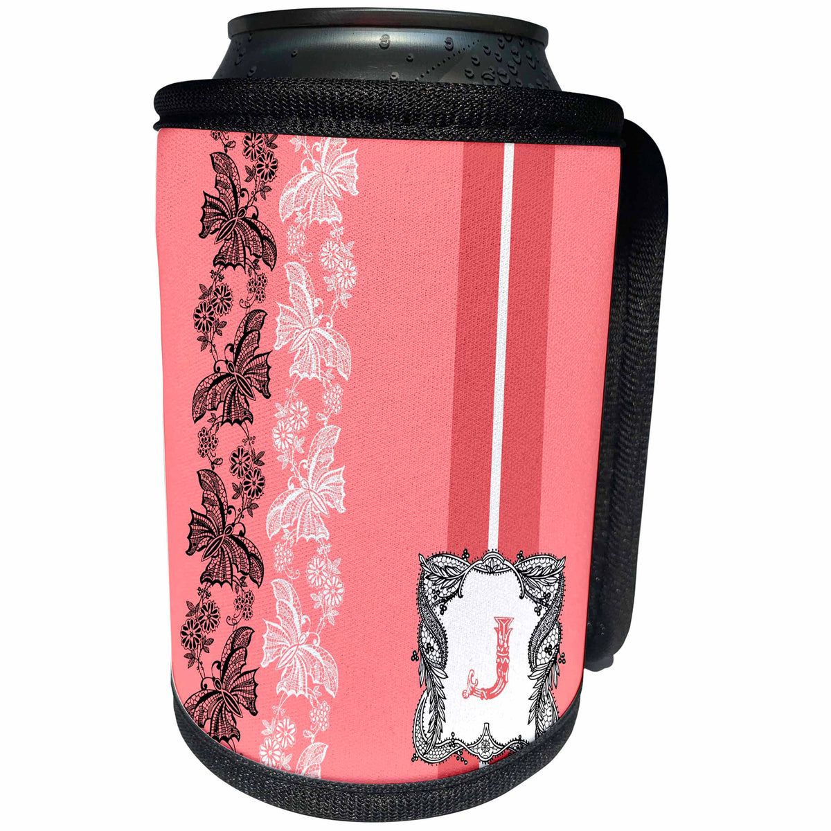 3dRose Russ Billington Monograms- Lacy Pink Initial J - Monogram Initial J in Pink White and Black - Can Cooler Bottle Wrap (cc_239035)