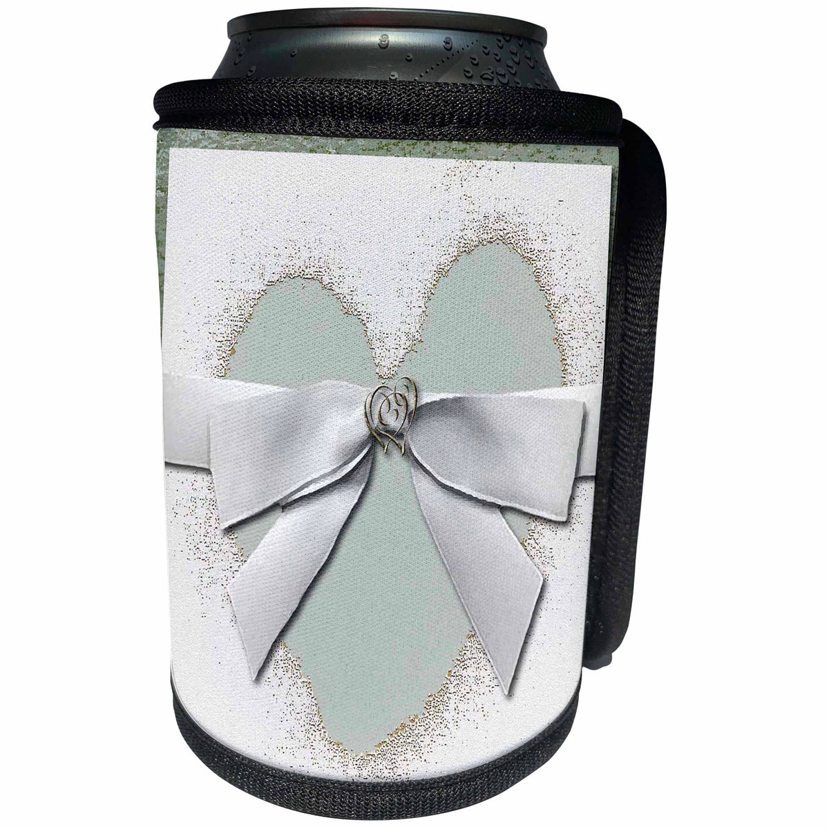 3dRose Beverly Turner Heart Design - Bow on Pastel Green Coral Heart - Can Cooler Bottle Wrap (cc_23905)
