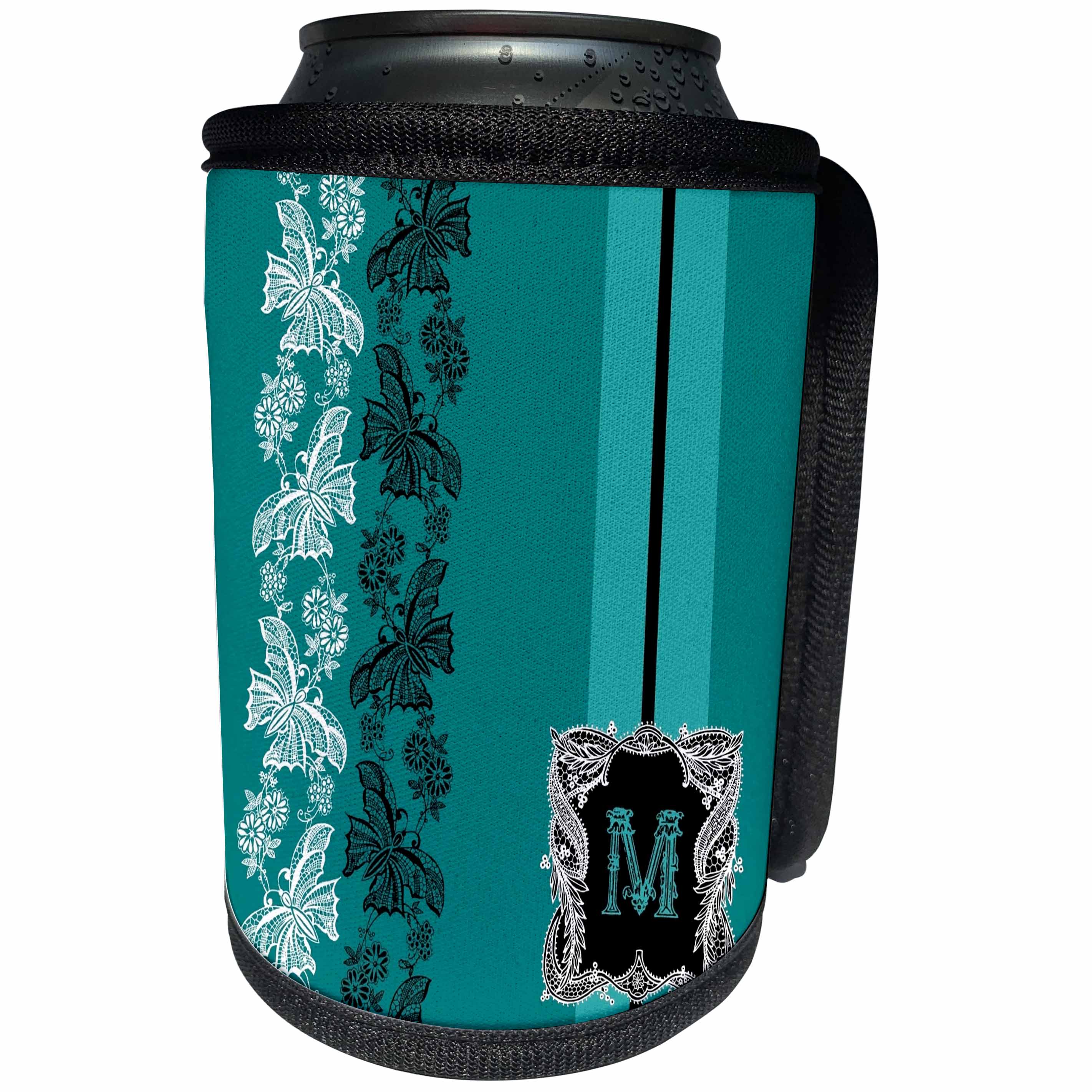 3dRose Russ Billington Monograms- Old Lace Initial M - Monogram Initial M in Teal White and Black Lace - Can Cooler Bottle Wrap (cc_239064)