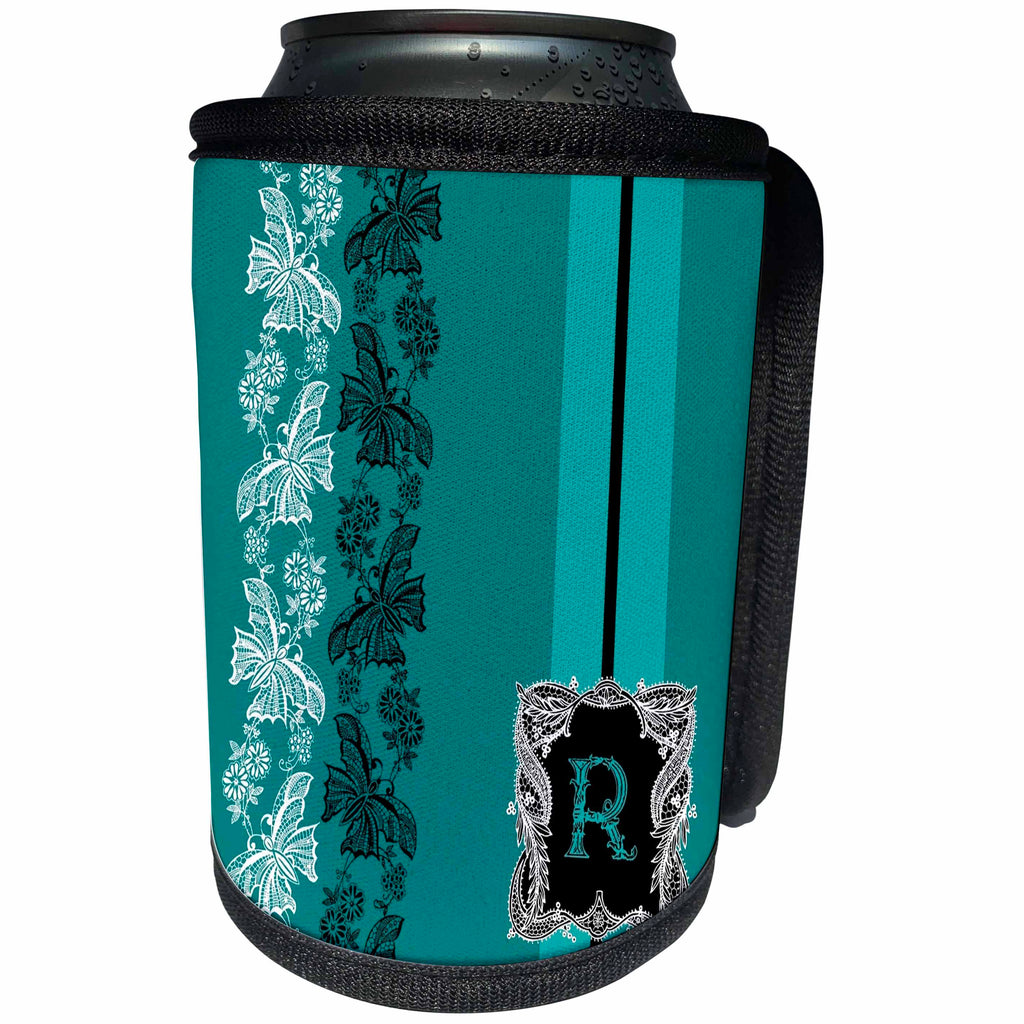 3dRose Russ Billington Monograms- Old Lace Initial R - Monogram Initial R in Teal White and Black Lace - Can Cooler Bottle Wrap (cc_239069)