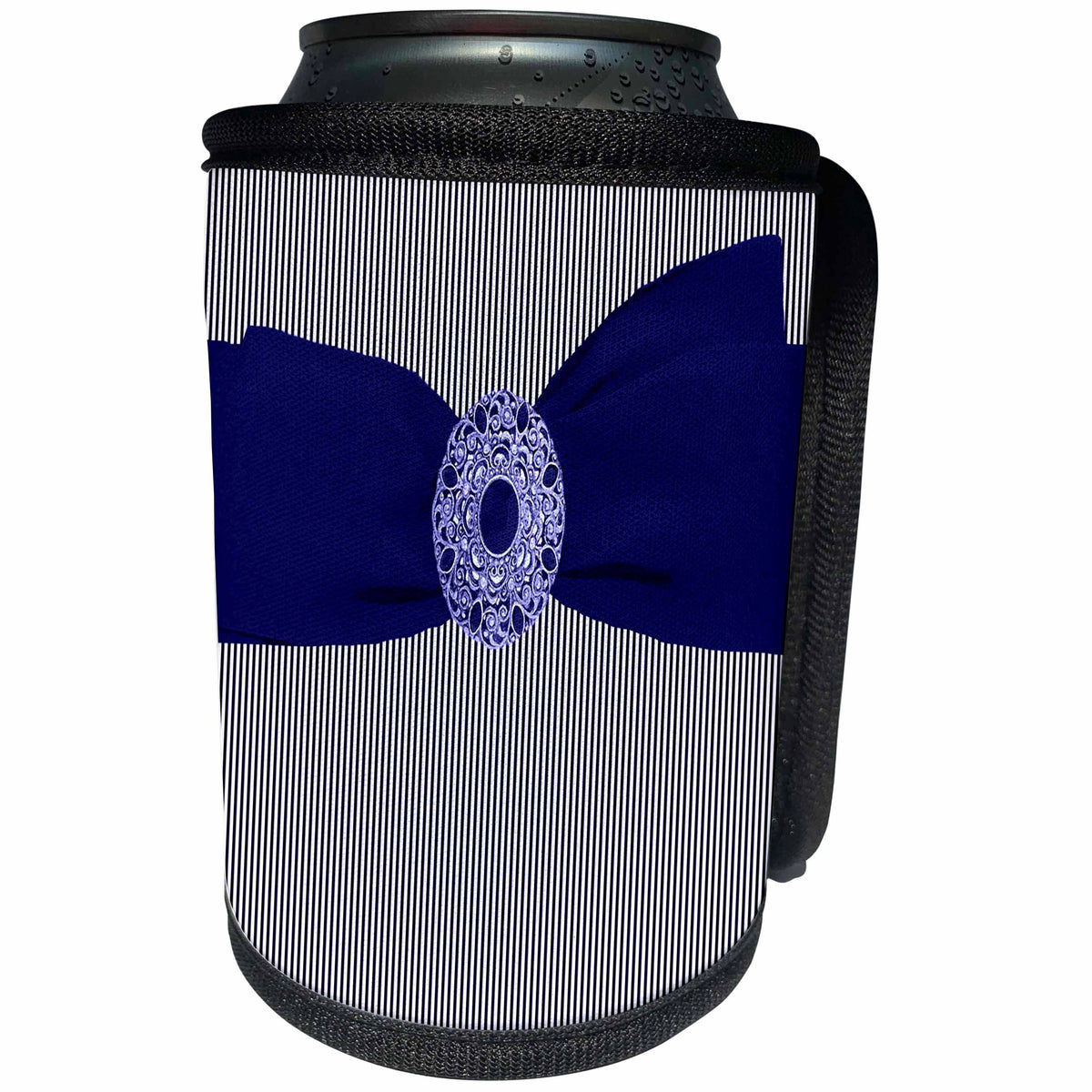 3dRose Beverly Turner Satin Ribbon Design - Blue Ribbon on Stripes with Jewel - Can Cooler Bottle Wrap (cc_23910)