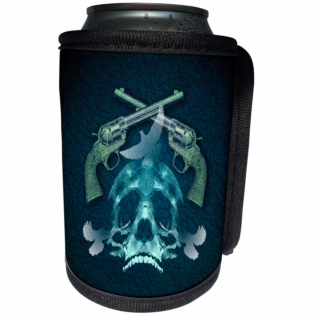 3dRose Russ Billington Designs - War and Peace design with Handguns Skull and Doves in Teal - Can Cooler Bottle Wrap (cc_239112)