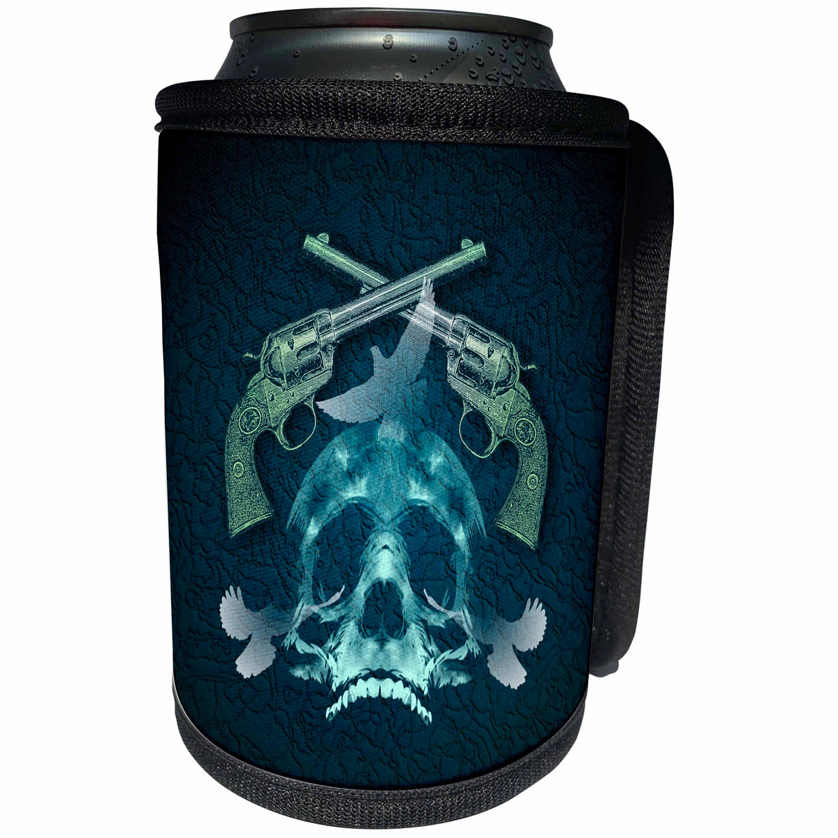 3dRose Russ Billington Designs - War and Peace design with Handguns Skull and Doves in Teal - Can Cooler Bottle Wrap (cc_239112)