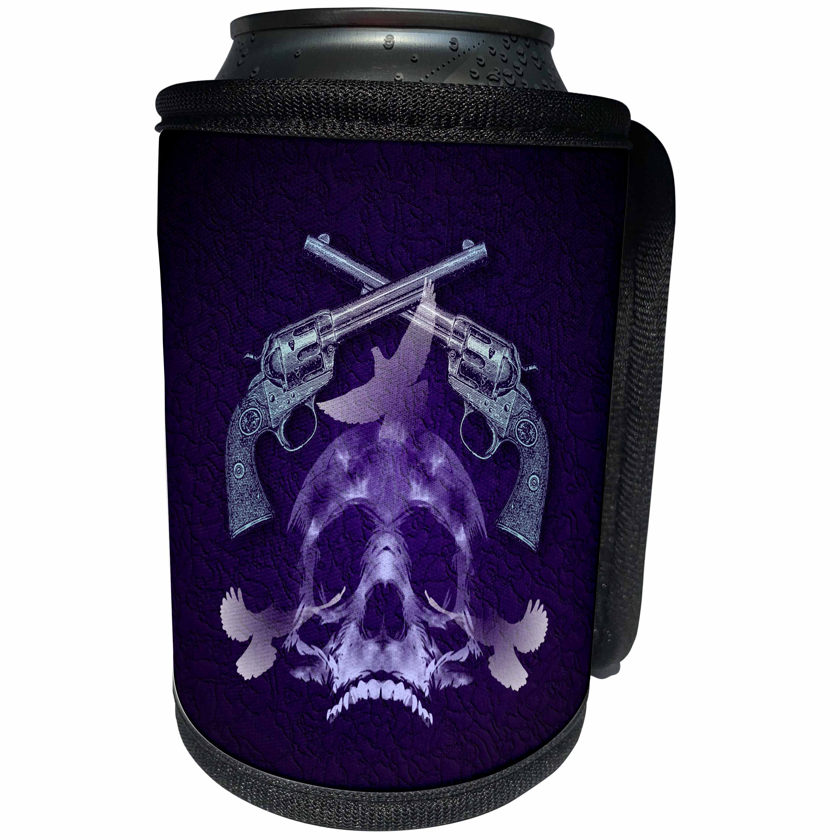 3dRose Russ Billington Designs - Skull Doves and Guns Design in Purple Shades - Can Cooler Bottle Wrap (cc_239113)