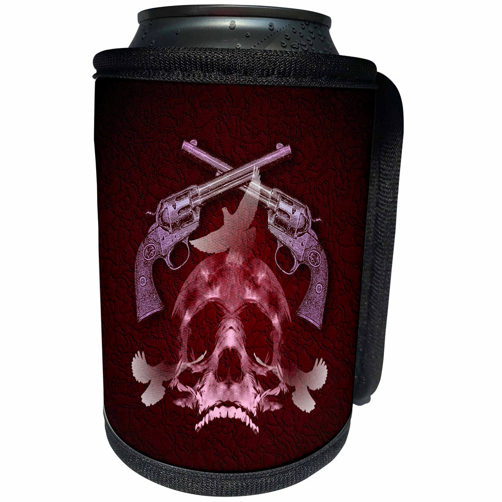 3dRose Russ Billington Designs - Crossed Handguns with Skull and Doves in Red - Can Cooler Bottle Wrap (cc_239114)