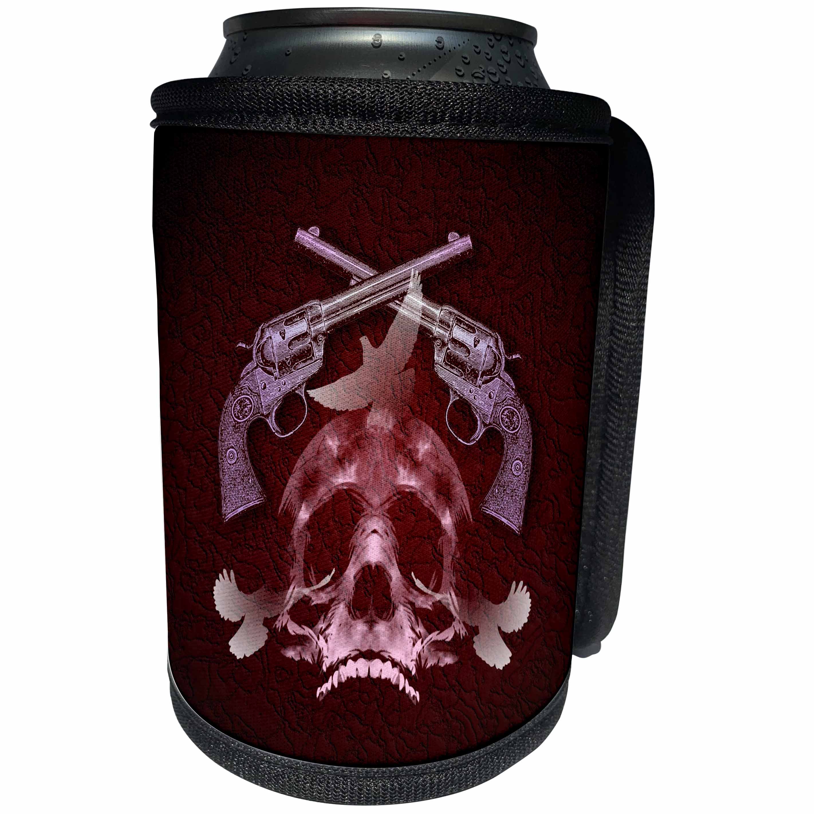 3dRose Russ Billington Designs - Crossed Handguns with Skull and Doves in Red - Can Cooler Bottle Wrap (cc_239114)