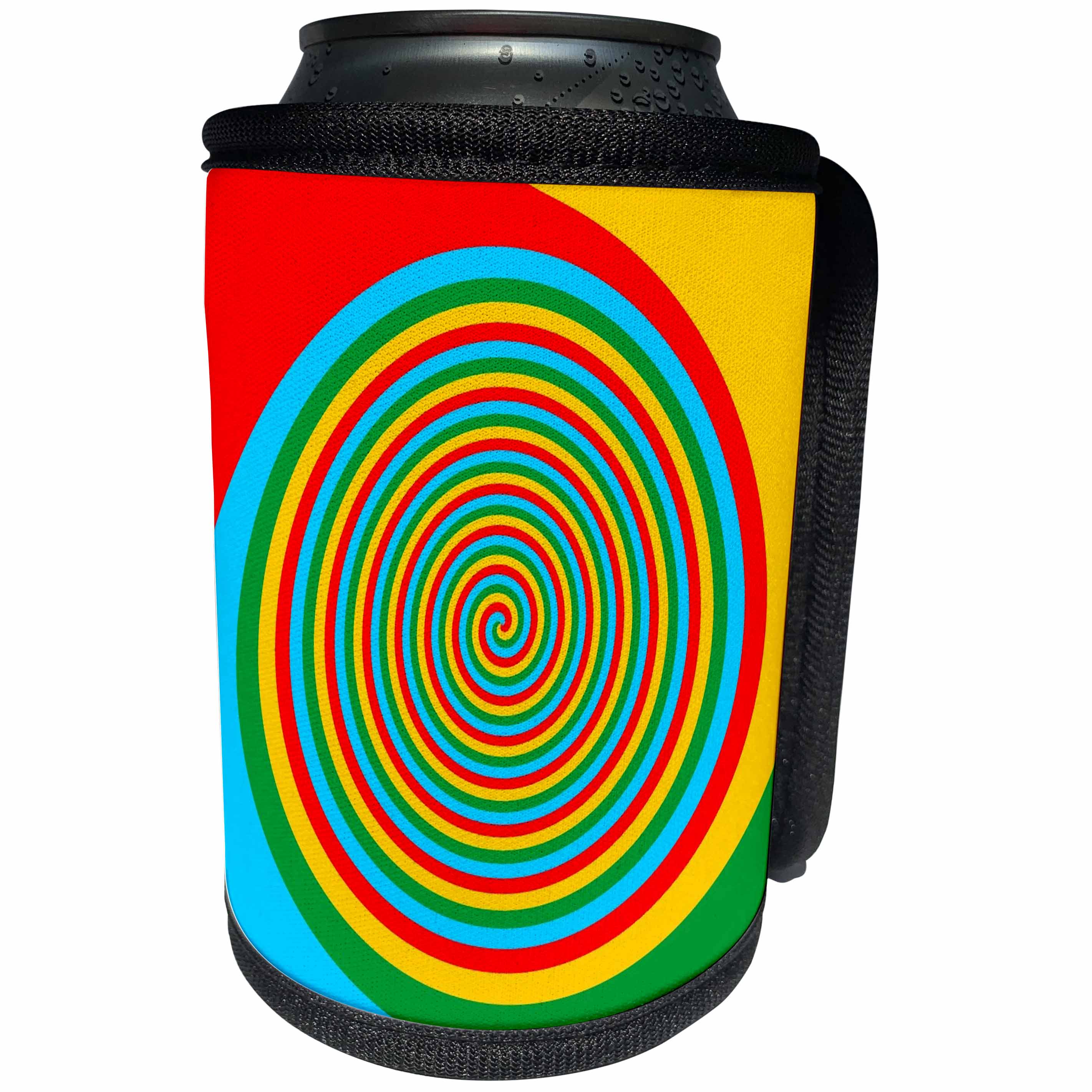 3dRose Russ Billington Designs - Hypnotic Abstract Spiral Design in Red Yellow Green and Blue - Can Cooler Bottle Wrap (cc_239117)