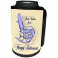 3dRose Russ Billington Designs - Happy Retirement Design with Vintage Rocking Chair in Blue and Yellow - Can Cooler Bottle Wrap (cc_239121)