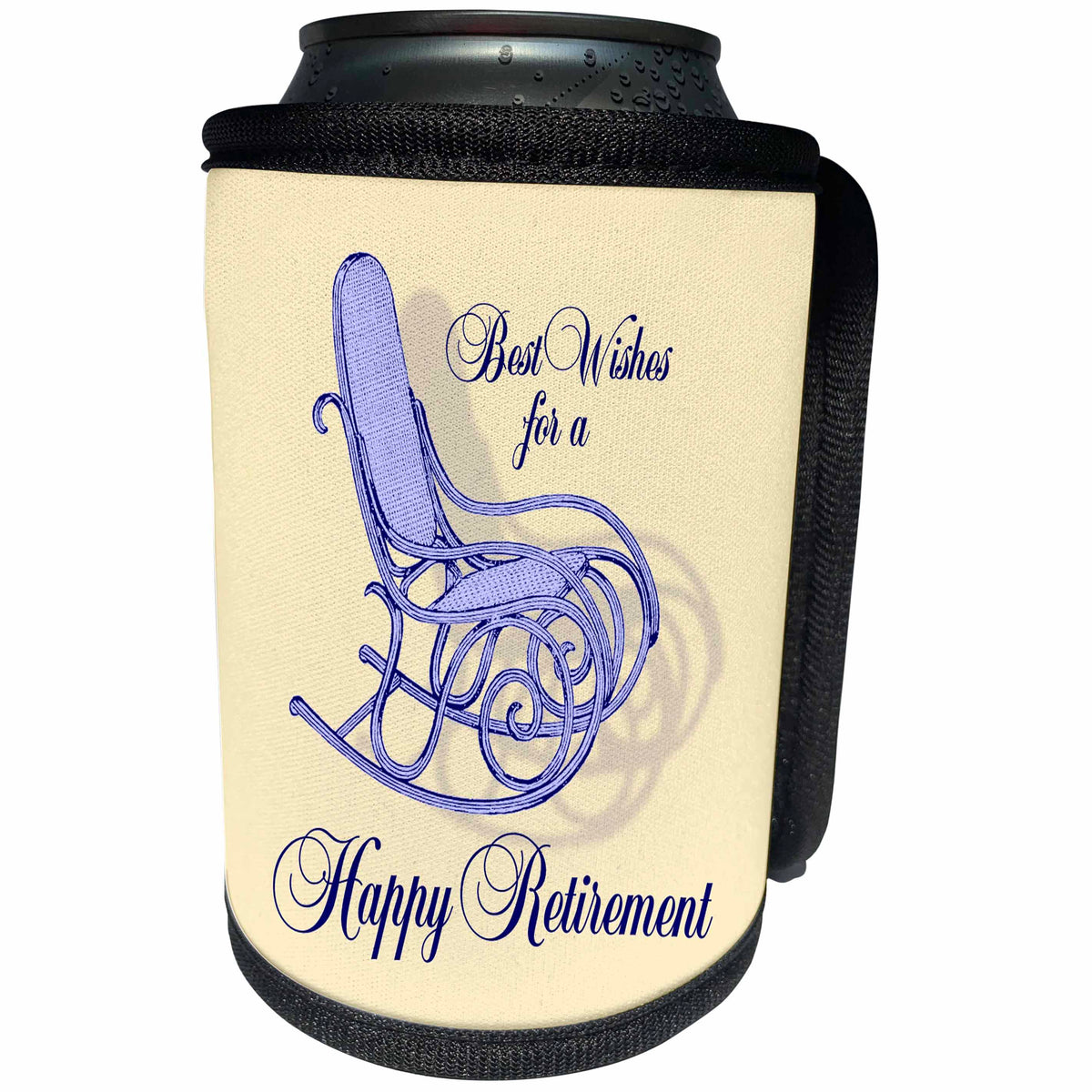 3dRose Russ Billington Designs - Happy Retirement Design with Vintage Rocking Chair in Blue and Yellow - Can Cooler Bottle Wrap (cc_239121)