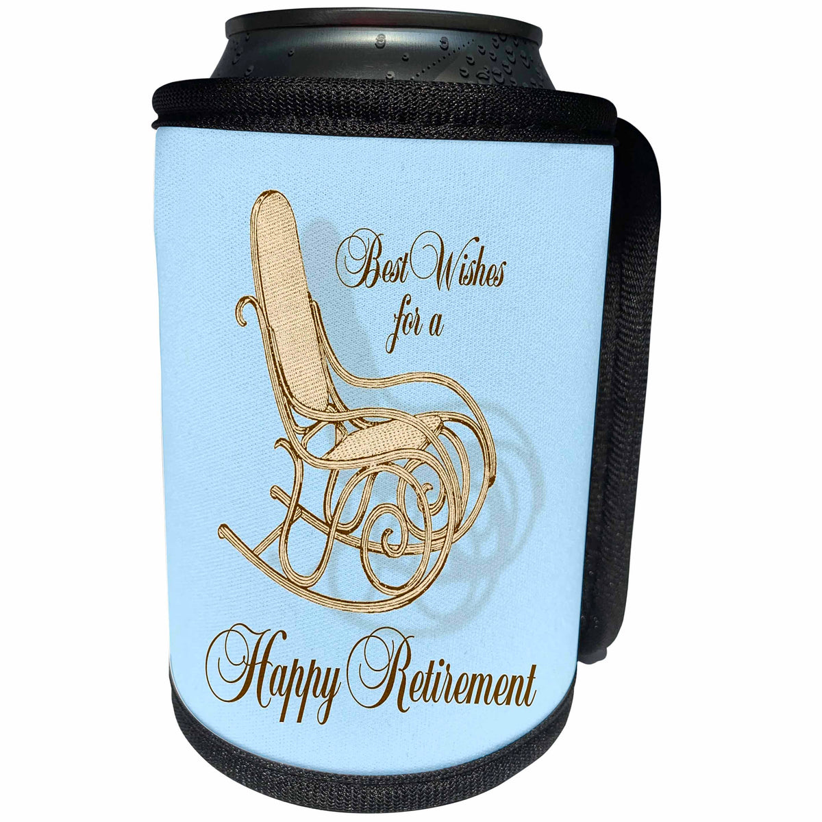 3dRose Russ Billington Designs - Vintage woodcut of Rocking Chair in Brown Blue and Yellow - Can Cooler Bottle Wrap (cc_239122)