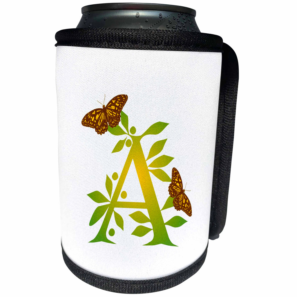 3dRose Russ Billington Monograms- Leafy Initial A - Monogram Initial A in Leafy Green and Yellow with Butterflies - Can Cooler Bottle Wrap (cc_239124)
