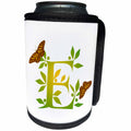 3dRose Russ Billington Monograms- Leafy Initial E - Monogram Initial E in Leafy Green and Yellow with Butterflies - Can Cooler Bottle Wrap (cc_239128)