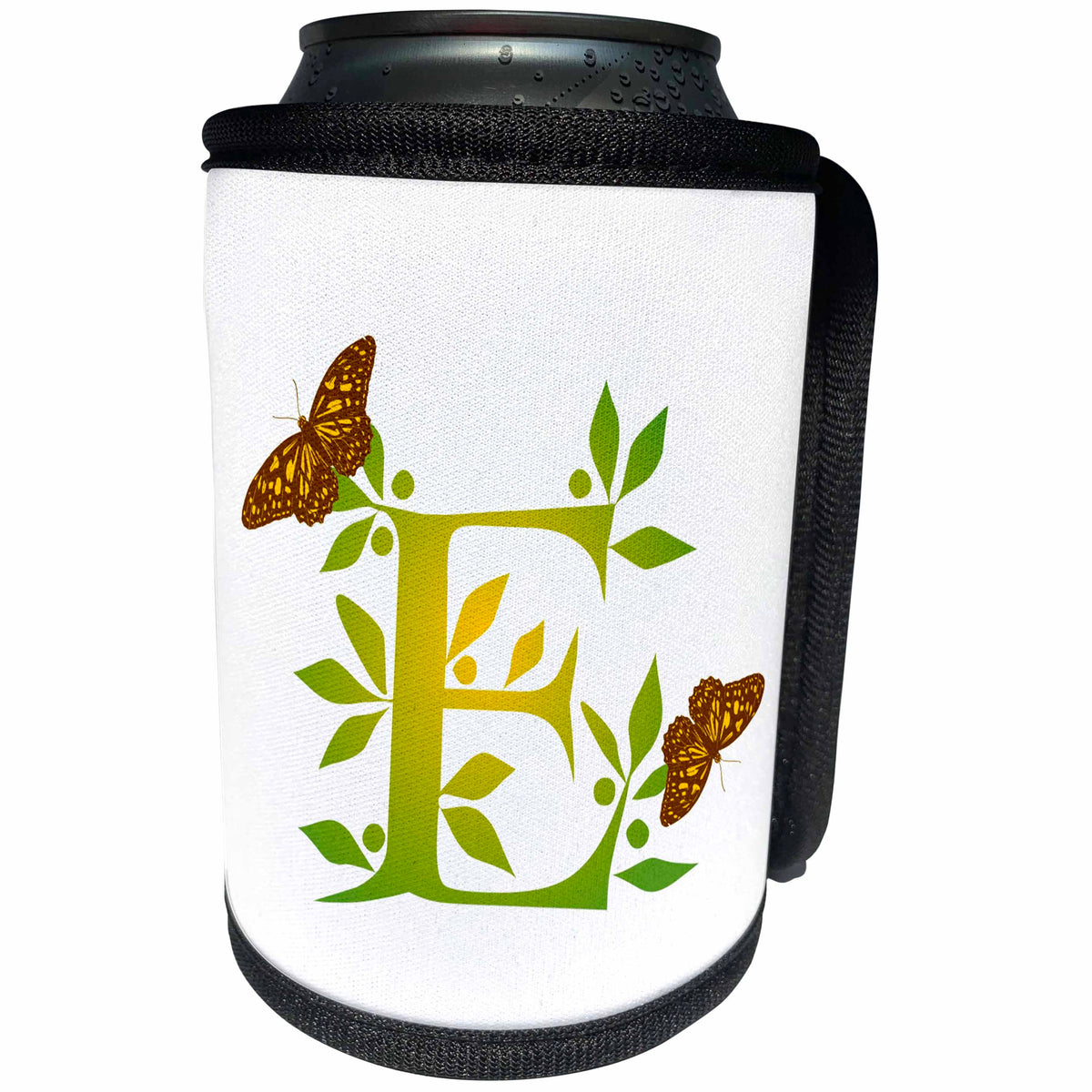 3dRose Russ Billington Monograms- Leafy Initial E - Monogram Initial E in Leafy Green and Yellow with Butterflies - Can Cooler Bottle Wrap (cc_239128)