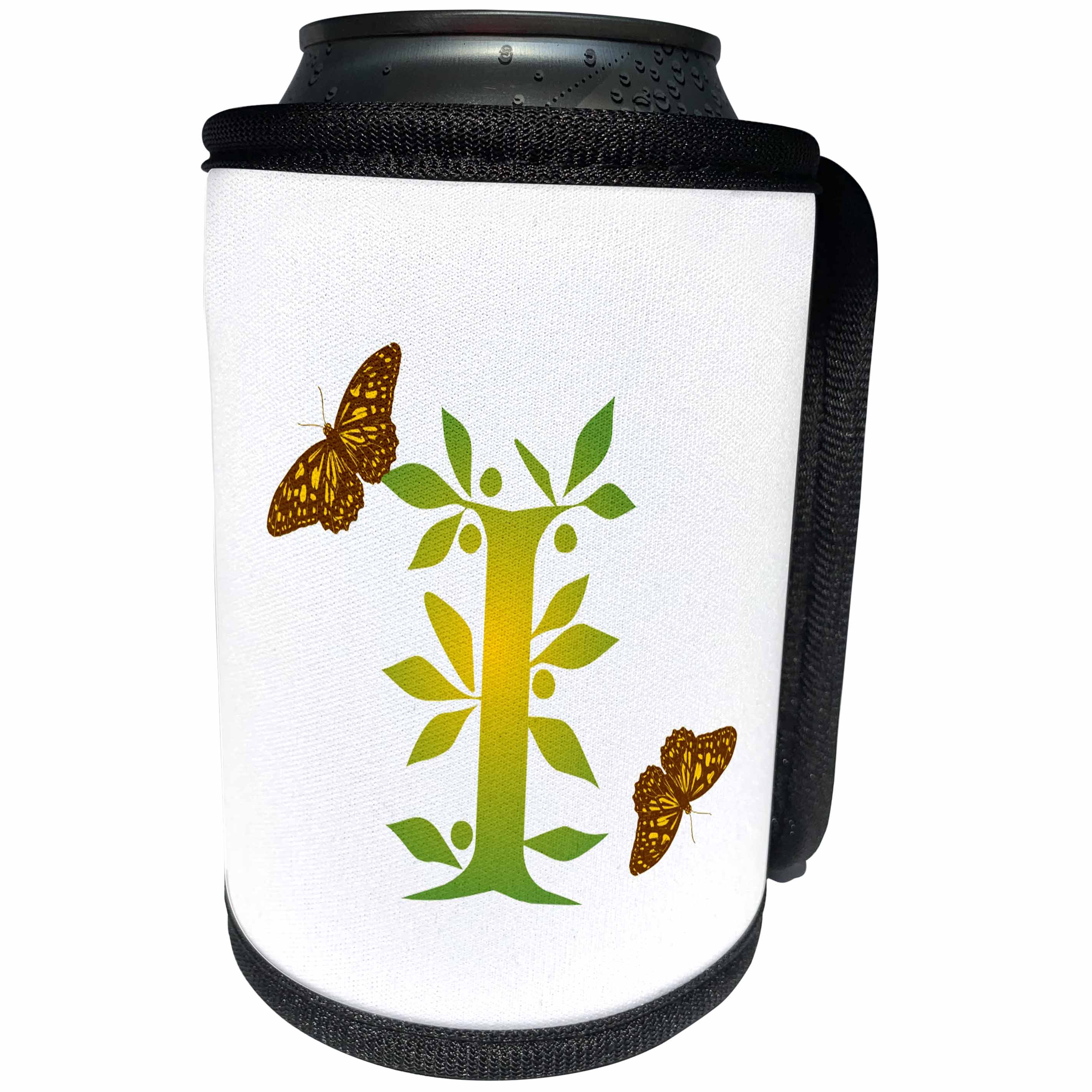 3dRose Russ Billington Monograms- Leafy Initial I - Monogram Initial I in Leafy Green and Yellow with Butterflies - Can Cooler Bottle Wrap (cc_239132)