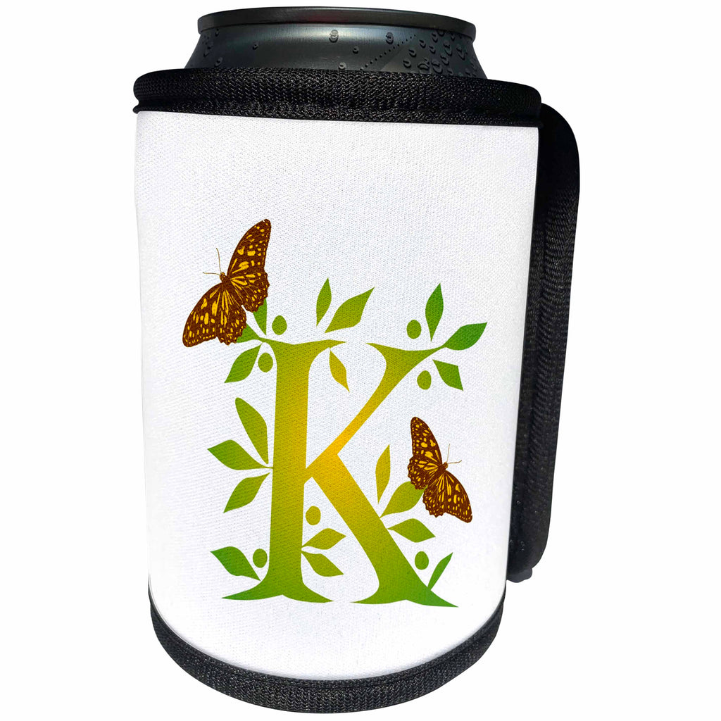 3dRose Russ Billington Monograms- Leafy Initial K - Monogram Initial K in Leafy Green and Yellow with Butterflies - Can Cooler Bottle Wrap (cc_239134)