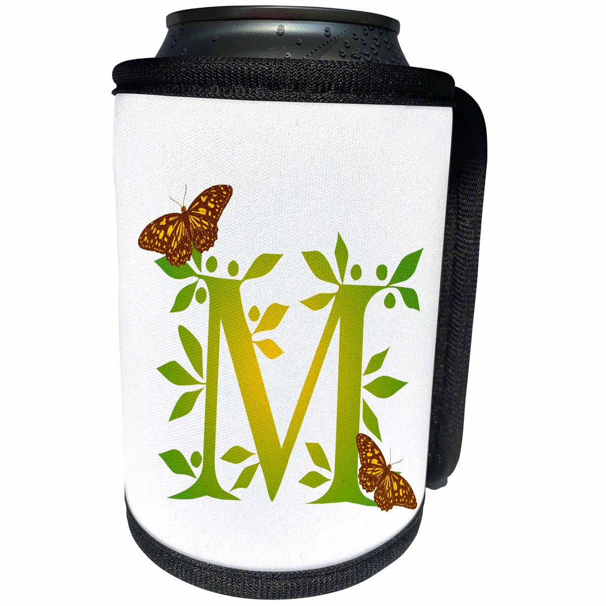 3dRose Russ Billington Monograms- Leafy Initial M - Monogram Initial M in Leafy Green and Yellow with Butterflies - Can Cooler Bottle Wrap (cc_239136)