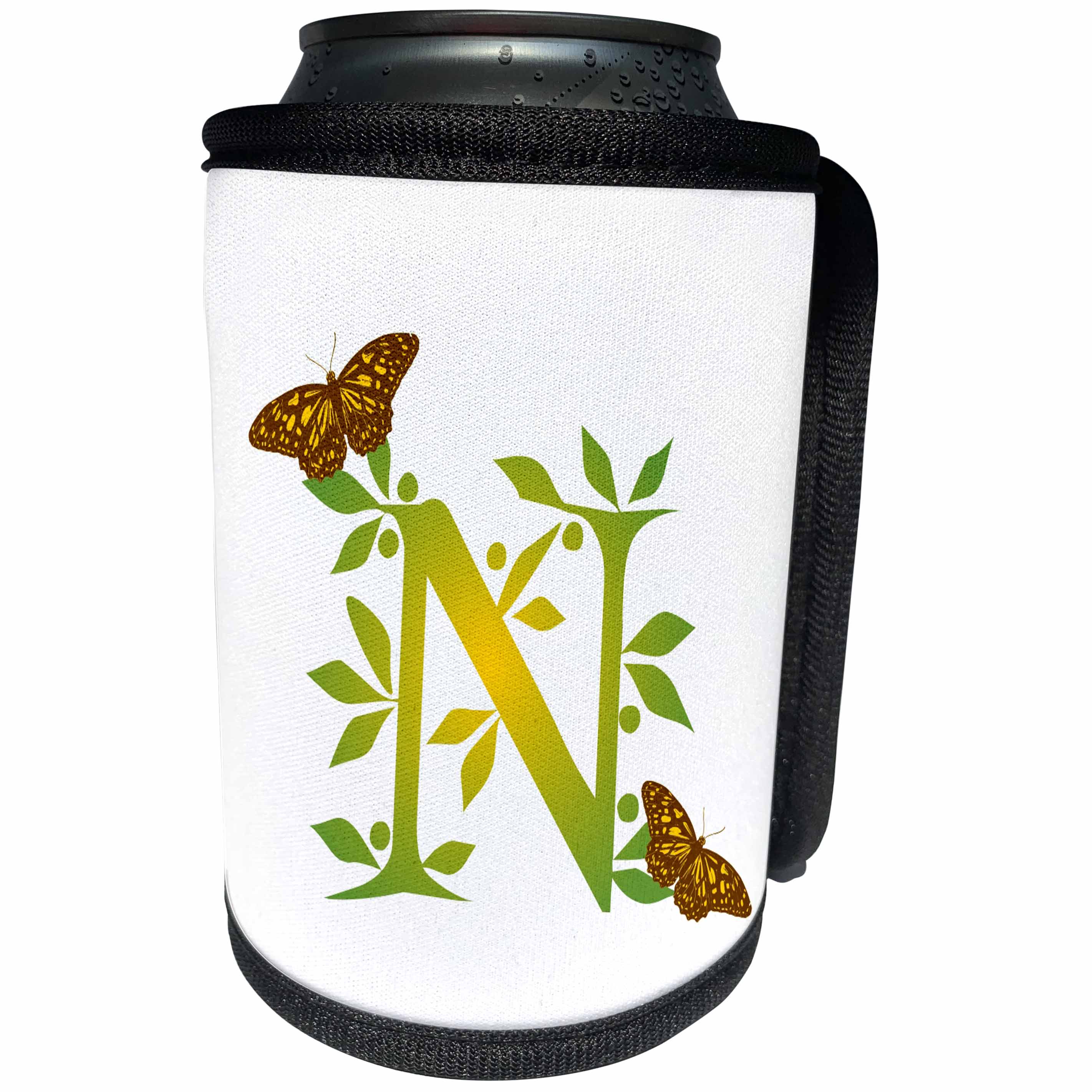 3dRose Russ Billington Monograms- Leafy Initial N - Monogram Initial N in Leafy Green and Yellow with Butterflies - Can Cooler Bottle Wrap (cc_239137)