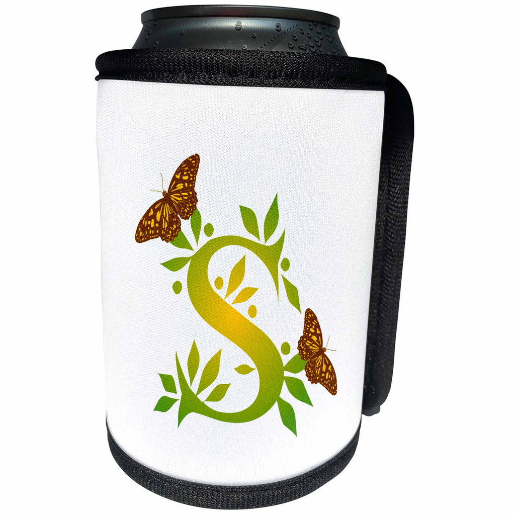 3dRose Russ Billington Monograms- Leafy Initial S - Monogram Initial S in Leafy Green and Yellow with Butterflies - Can Cooler Bottle Wrap (cc_239142)