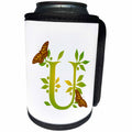 3dRose Russ Billington Monograms- Leafy Initial U - Monogram Initial U in Leafy Green and Yellow with Butterflies - Can Cooler Bottle Wrap (cc_239144)