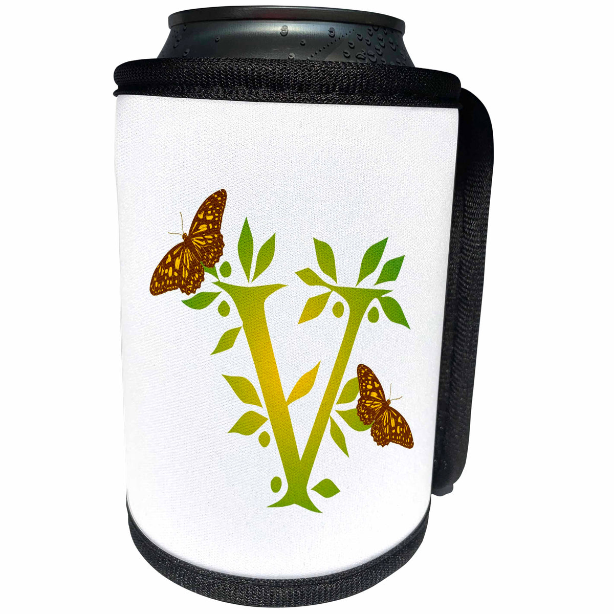 3dRose Russ Billington Monograms- Leafy Initial V - Monogram Initial V in Leafy Green and Yellow with Butterflies - Can Cooler Bottle Wrap (cc_239145)