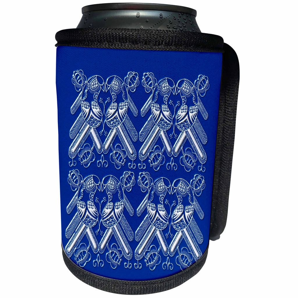 3dRose Russ Billington Chinese Folk Art Series - Chinese Folk Art Design- Love Birds in White on Blue - Can Cooler Bottle Wrap (cc_239153)