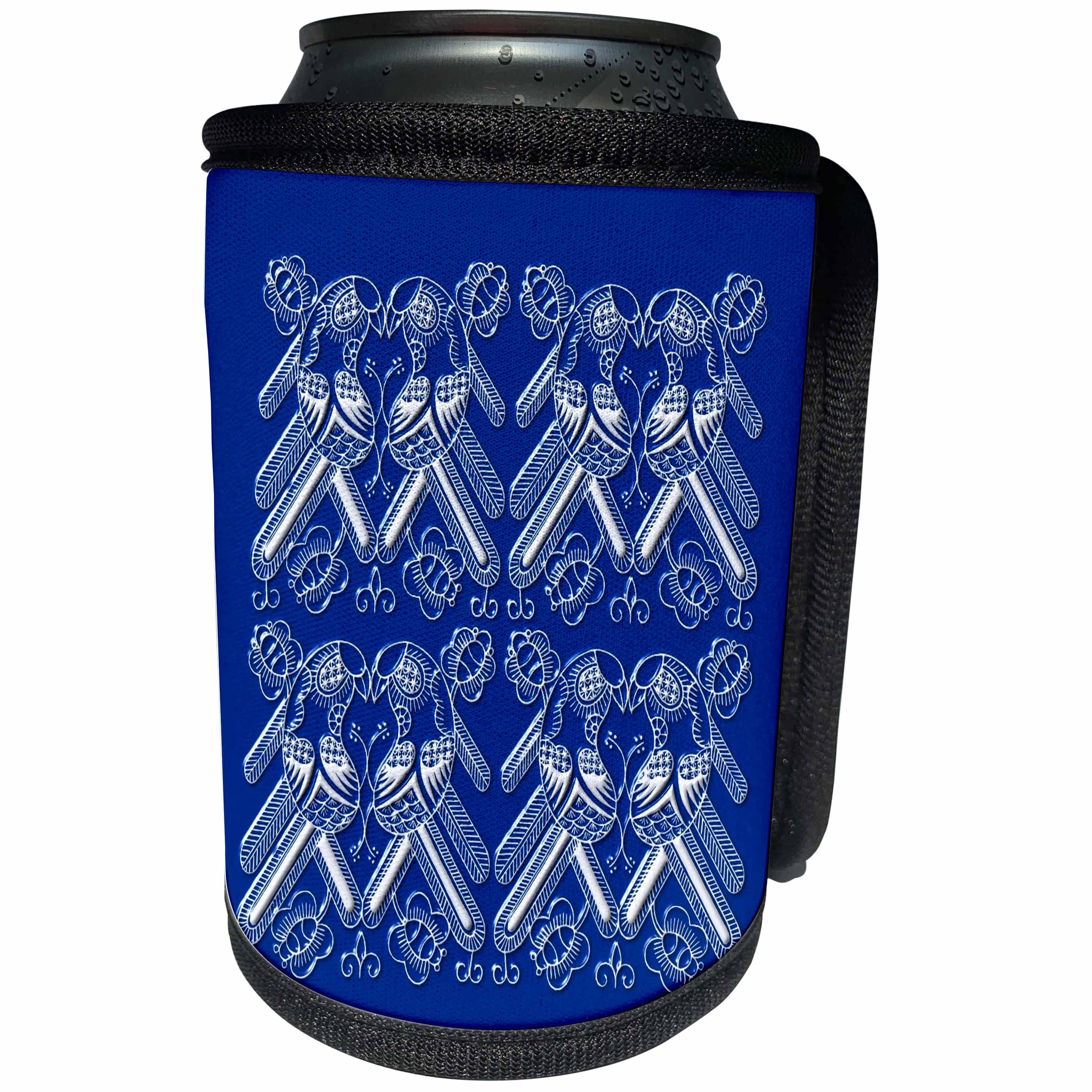 3dRose Russ Billington Chinese Folk Art Series - Chinese Folk Art Design- Love Birds in White on Blue - Can Cooler Bottle Wrap (cc_239153)