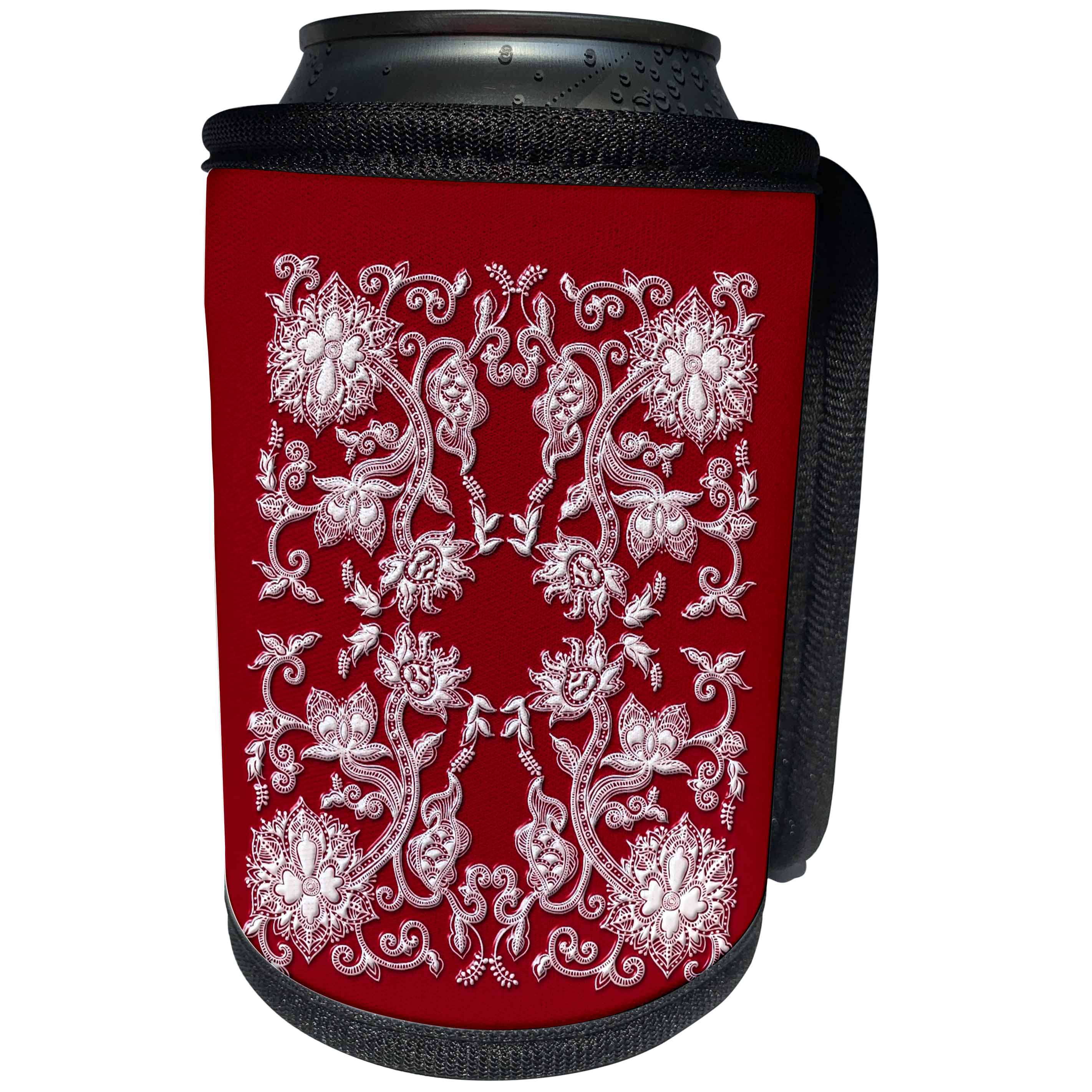 3dRose Russ Billington Chinese Folk Art Series - Chinese Flower Design in White on Red - Can Cooler Bottle Wrap (cc_239154)