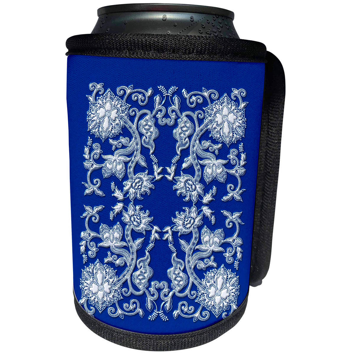 3dRose Russ Billington Chinese Folk Art Series - Vintage Floral Design from China in White on Blue - Can Cooler Bottle Wrap (cc_239155)