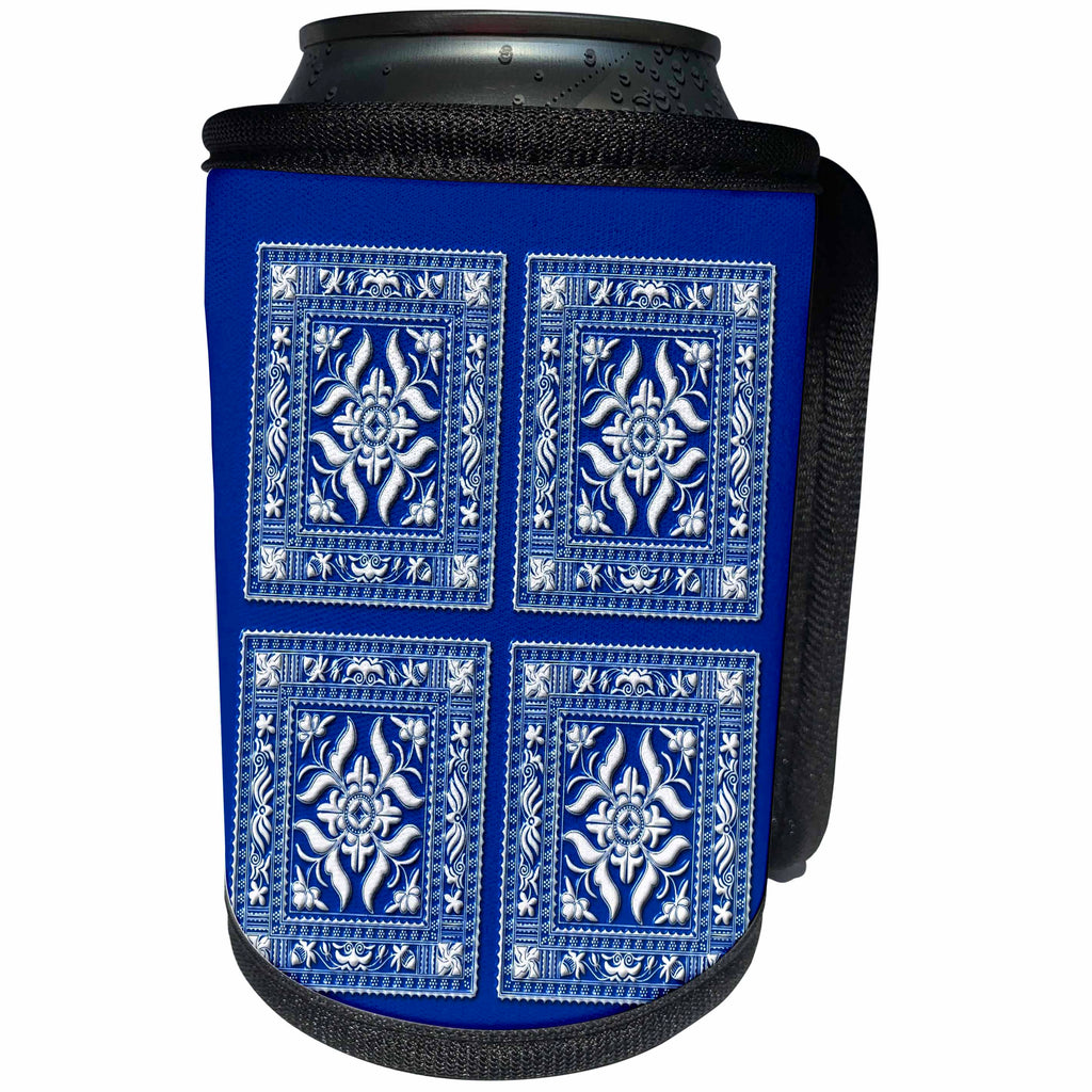 3dRose Russ Billington Chinese Folk Art Series - Pretty Vintage Oriental Design from China in Blue and White - Can Cooler Bottle Wrap (cc_239157)