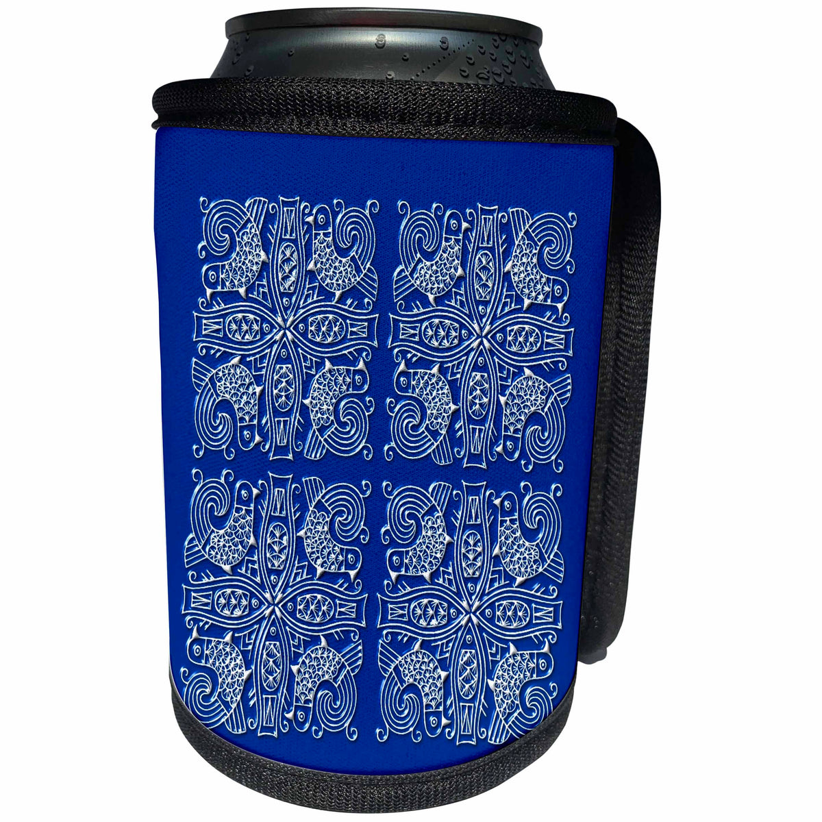 3dRose Russ Billington Chinese Folk Art Series - Birds and Fish- Chinese Folk Art Design in Blue and White - Can Cooler Bottle Wrap (cc_239161)