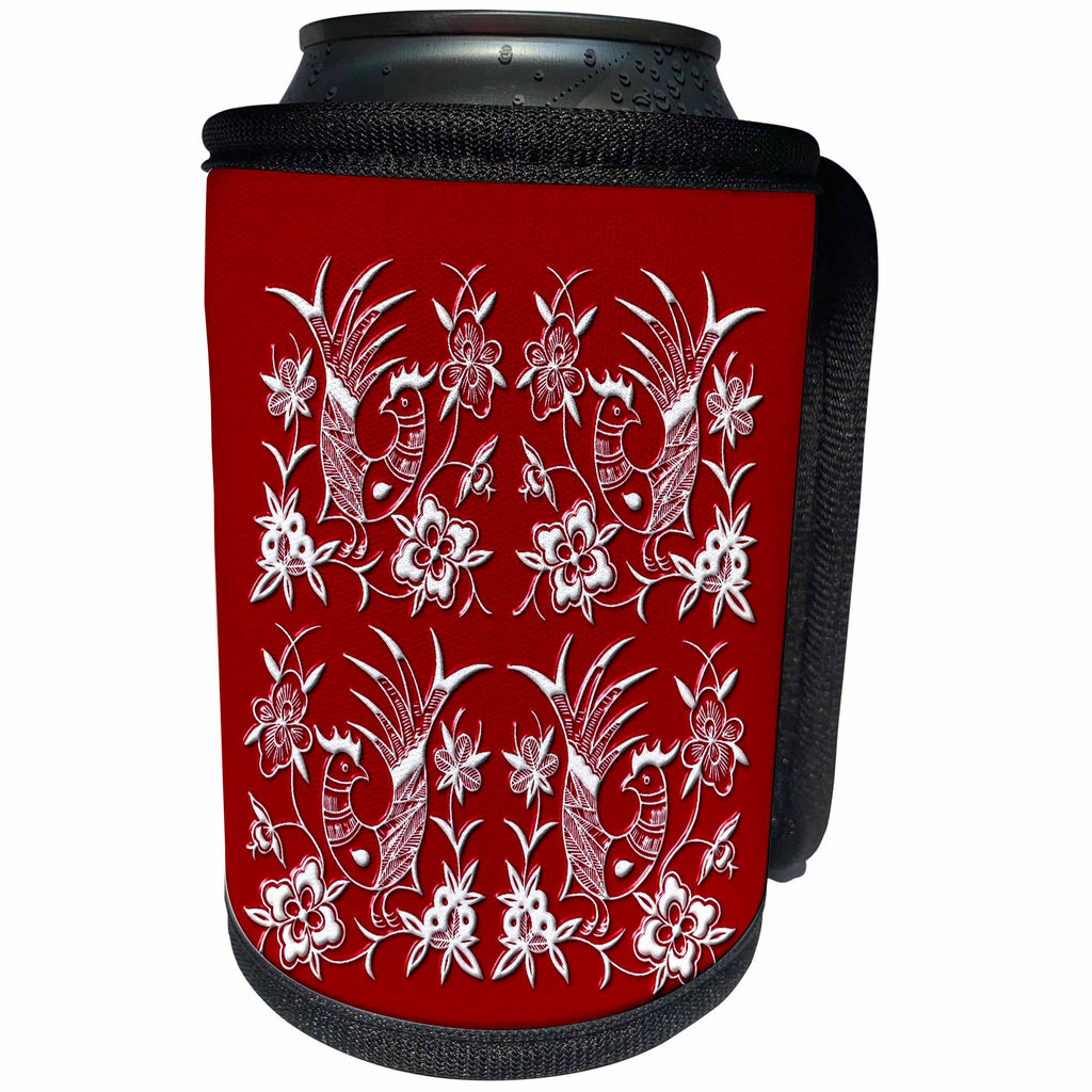 3dRose Russ Billington Chinese Folk Art Series - Vintage Roosters and Flowers Design from China - Can Cooler Bottle Wrap (cc_239162)