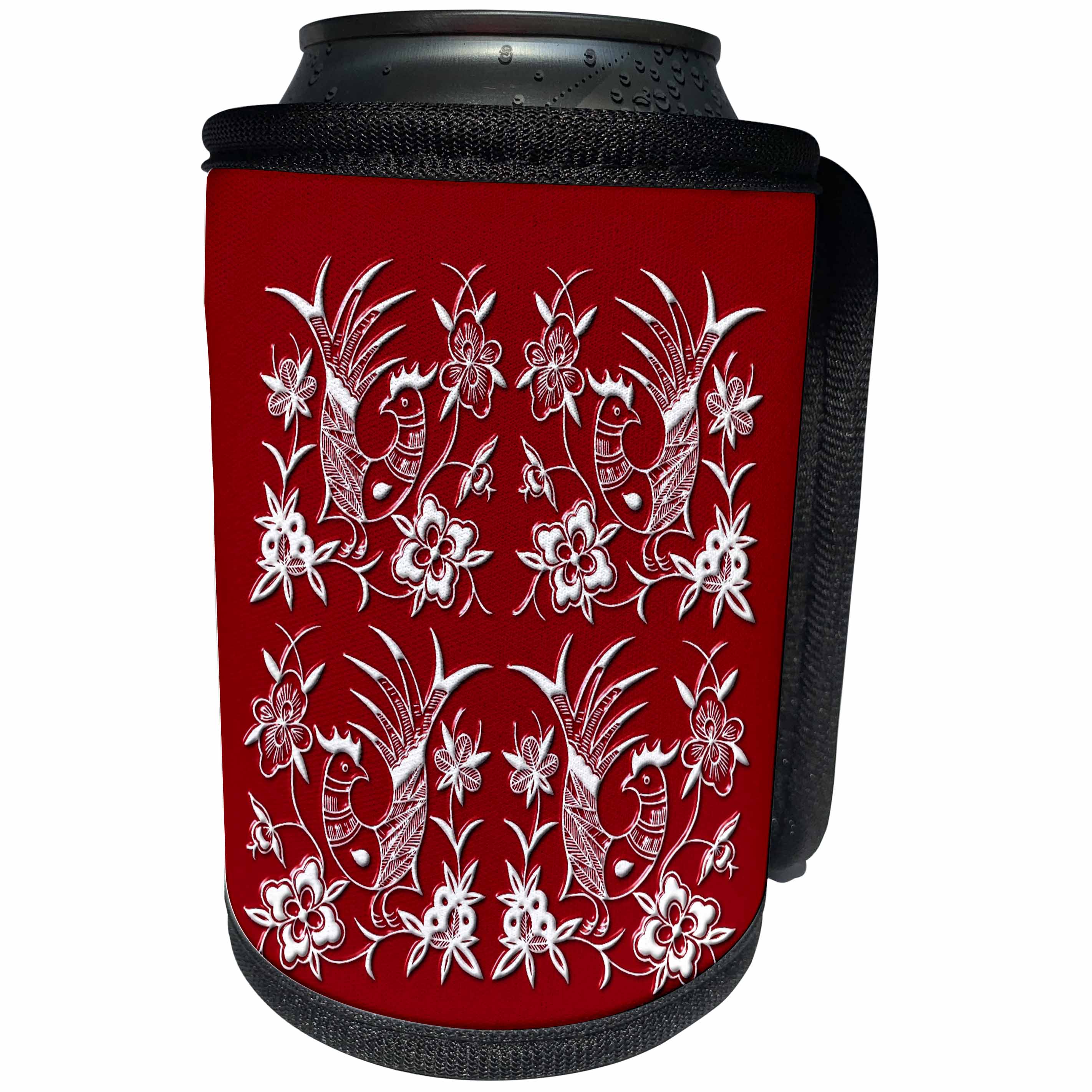 3dRose Russ Billington Chinese Folk Art Series - Vintage Roosters and Flowers Design from China - Can Cooler Bottle Wrap (cc_239162)