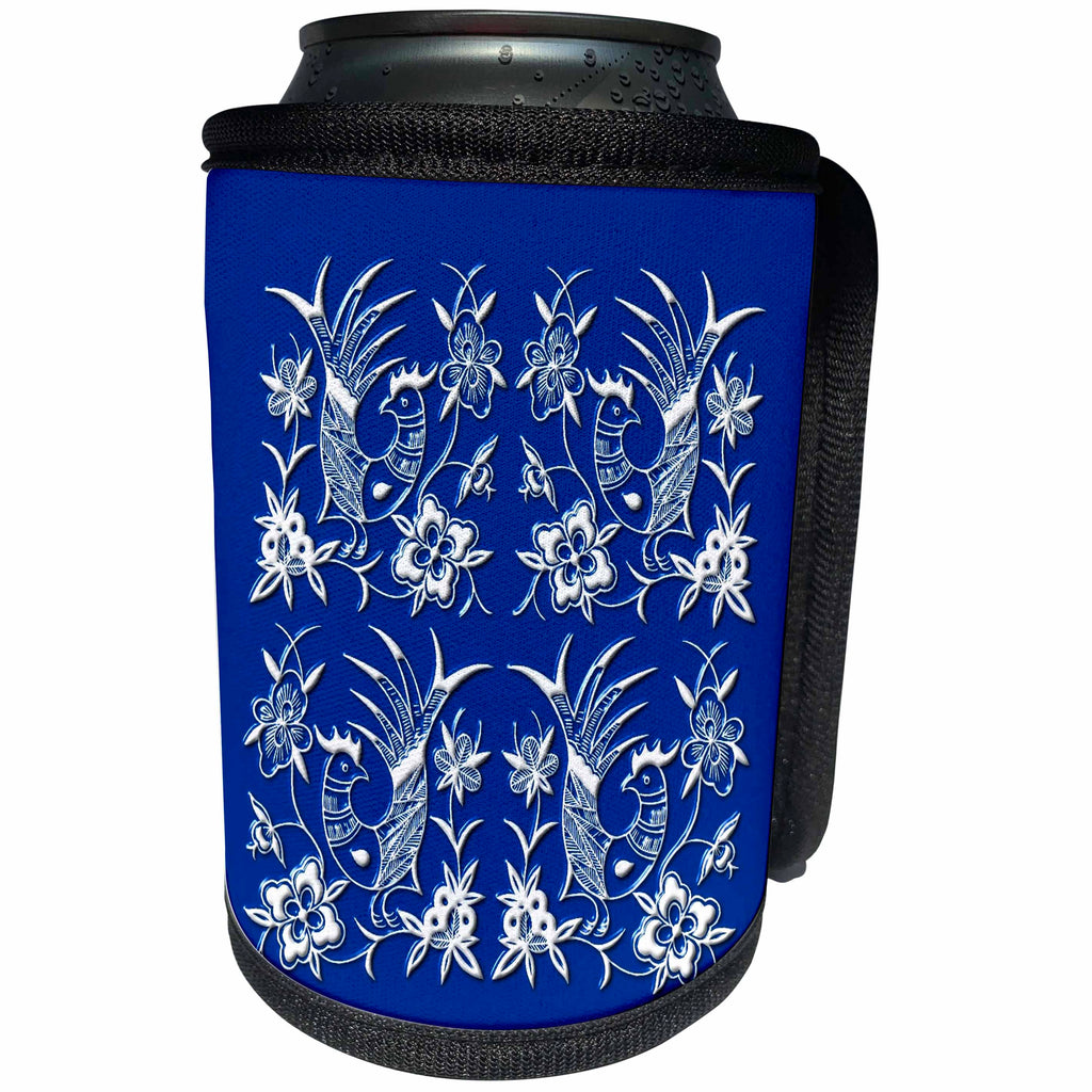 3dRose Russ Billington Chinese Folk Art Series - Cute Cockerels and Flowers Design in Blue and White - Can Cooler Bottle Wrap (cc_239163)