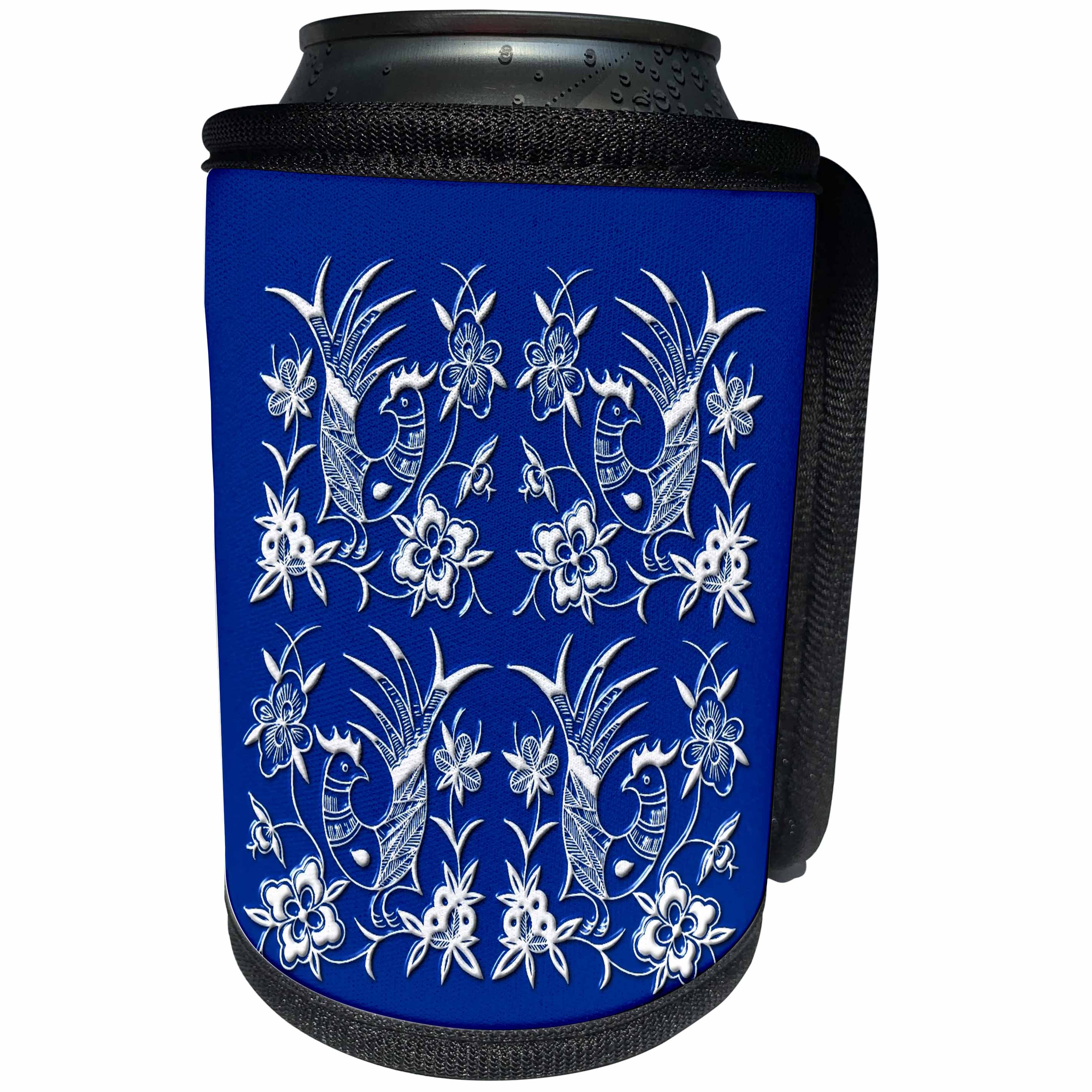 3dRose Russ Billington Chinese Folk Art Series - Cute Cockerels and Flowers Design in Blue and White - Can Cooler Bottle Wrap (cc_239163)