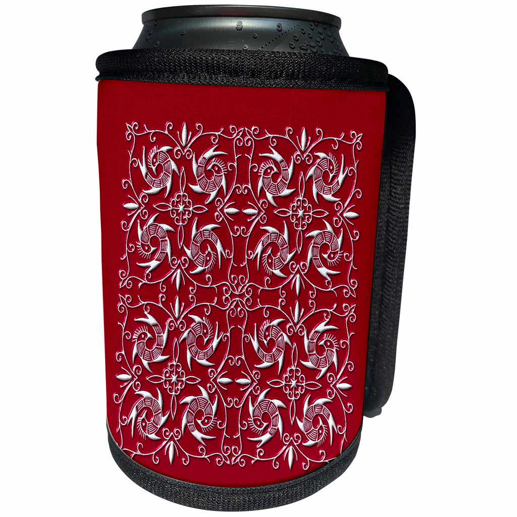 3dRose Russ Billington Chinese Folk Art Series - Dizzy Birds in Red and White - Can Cooler Bottle Wrap (cc_239164)