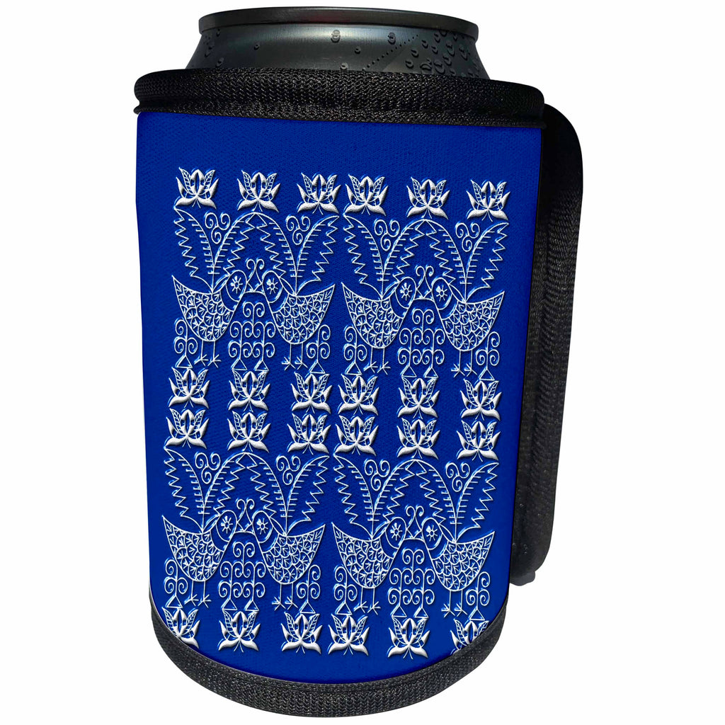 3dRose Russ Billington Chinese Folk Art Series - Cute Birds with Stylized Plants in Blue and White - Can Cooler Bottle Wrap (cc_239168)