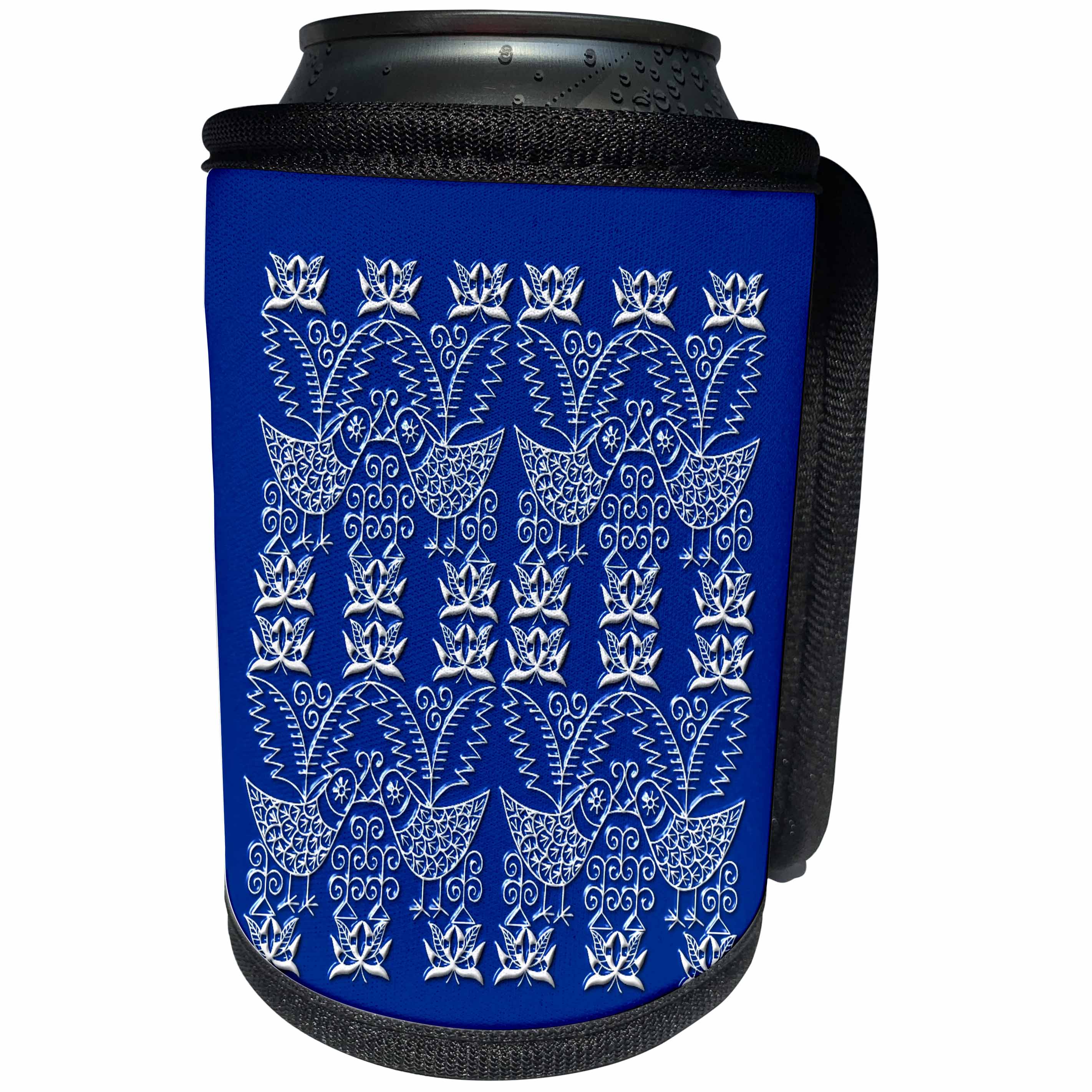 3dRose Russ Billington Chinese Folk Art Series - Cute Birds with Stylized Plants in Blue and White - Can Cooler Bottle Wrap (cc_239168)