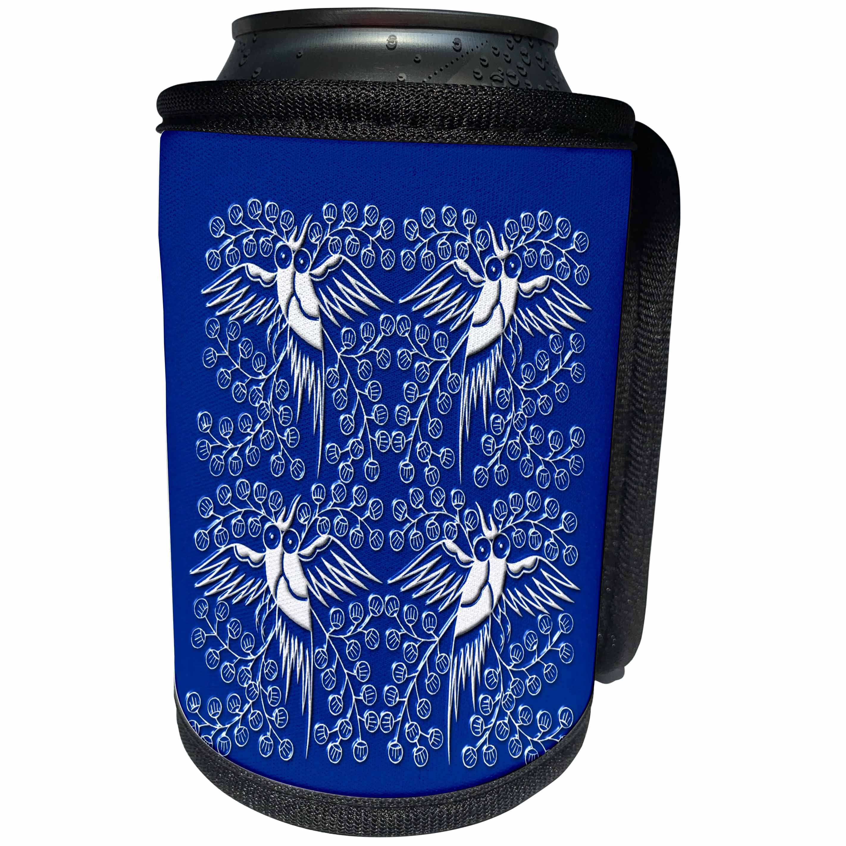 3dRose Russ Billington Chinese Folk Art Series - Funny Chinese Owls Design in White and Blue - Can Cooler Bottle Wrap (cc_239170)
