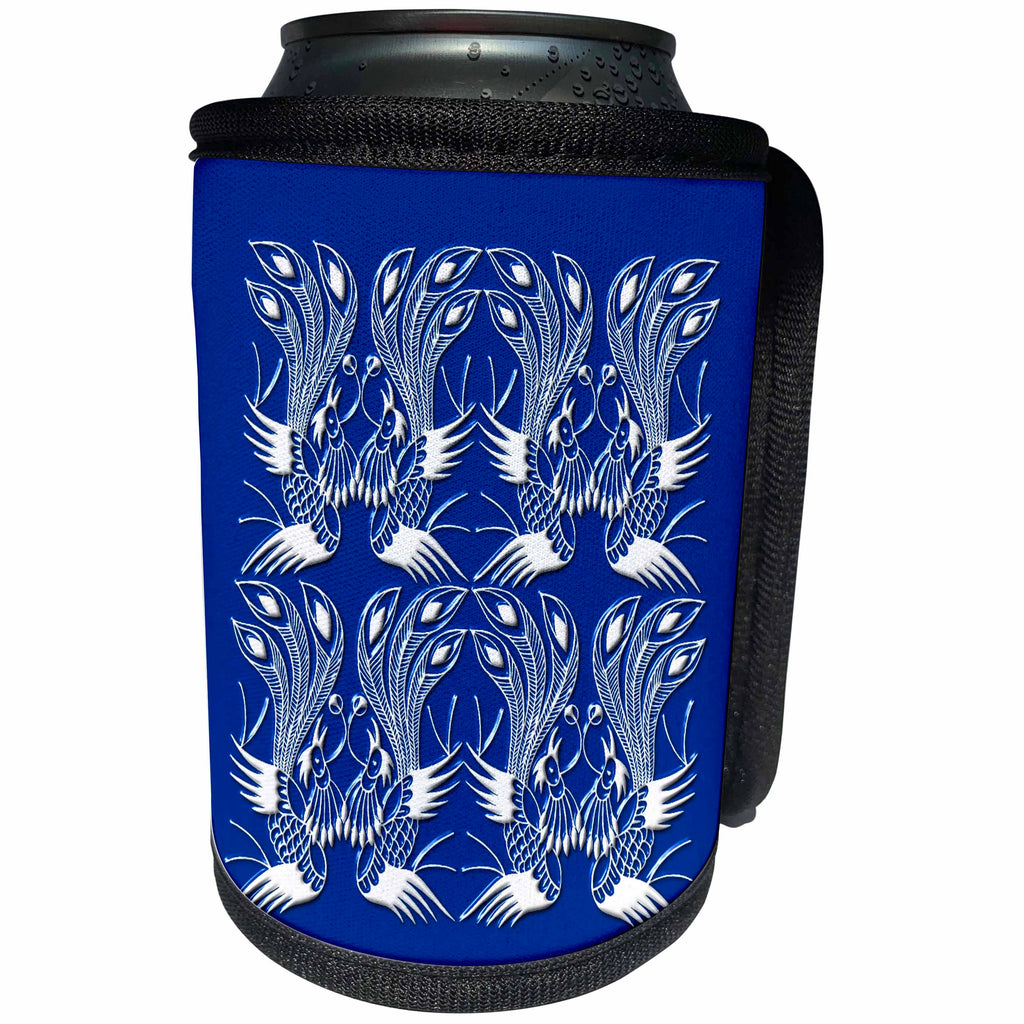 3dRose Russ Billington Chinese Folk Art Series - Exotic Lyre Bird Design in White and Blue - Can Cooler Bottle Wrap (cc_239174)