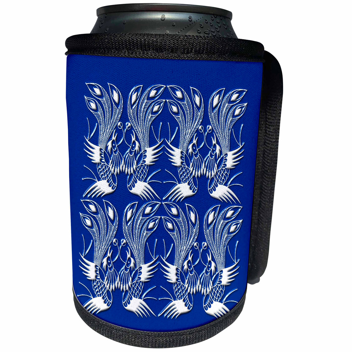 3dRose Russ Billington Chinese Folk Art Series - Exotic Lyre Bird Design in White and Blue - Can Cooler Bottle Wrap (cc_239174)