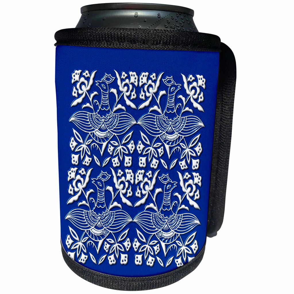 3dRose Russ Billington Chinese Folk Art Series - Four Birds with Flowers in Blue and White - Can Cooler Bottle Wrap (cc_239178)