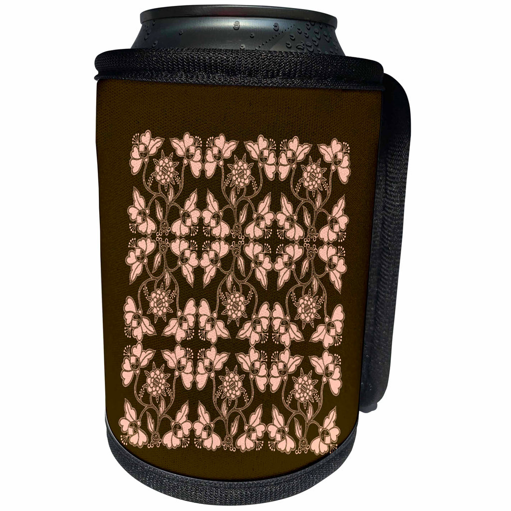 3dRose Russ Billington Designs - Pretty Pink and Brown Floral - Can Cooler Bottle Wrap (cc_239180)