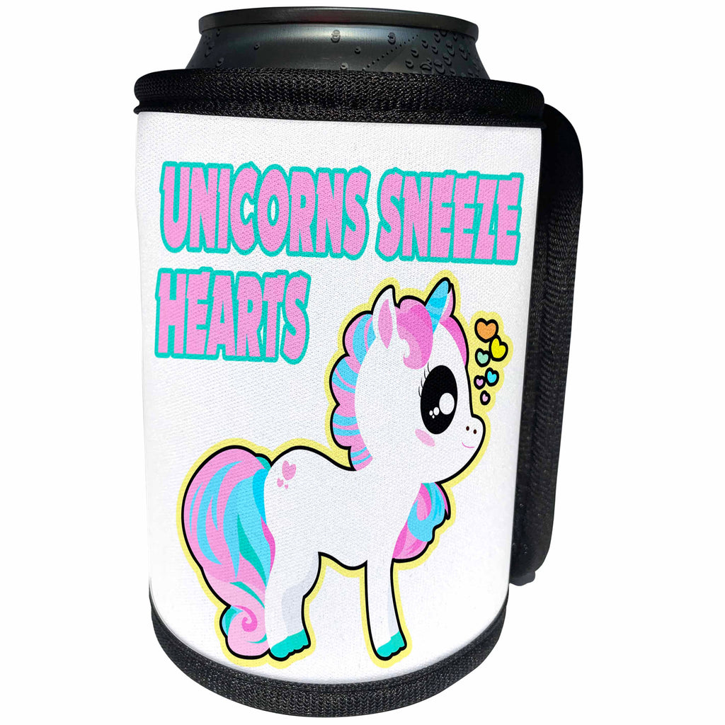 3dRose Dooni Designs - Cute Kawaii Designs - Funny Unicorns Sneeze Hearts Cute Kawaii Design - Can Cooler Bottle Wrap (cc_239511)