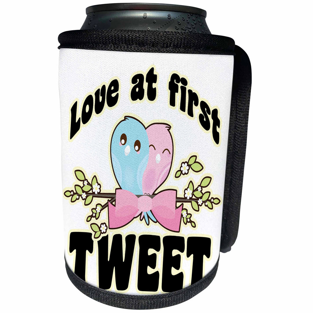 3dRose Dooni Designs - Cute Kawaii Designs - Love At First Tweet Kawaii Love Birds - Can Cooler Bottle Wrap (cc_239515)