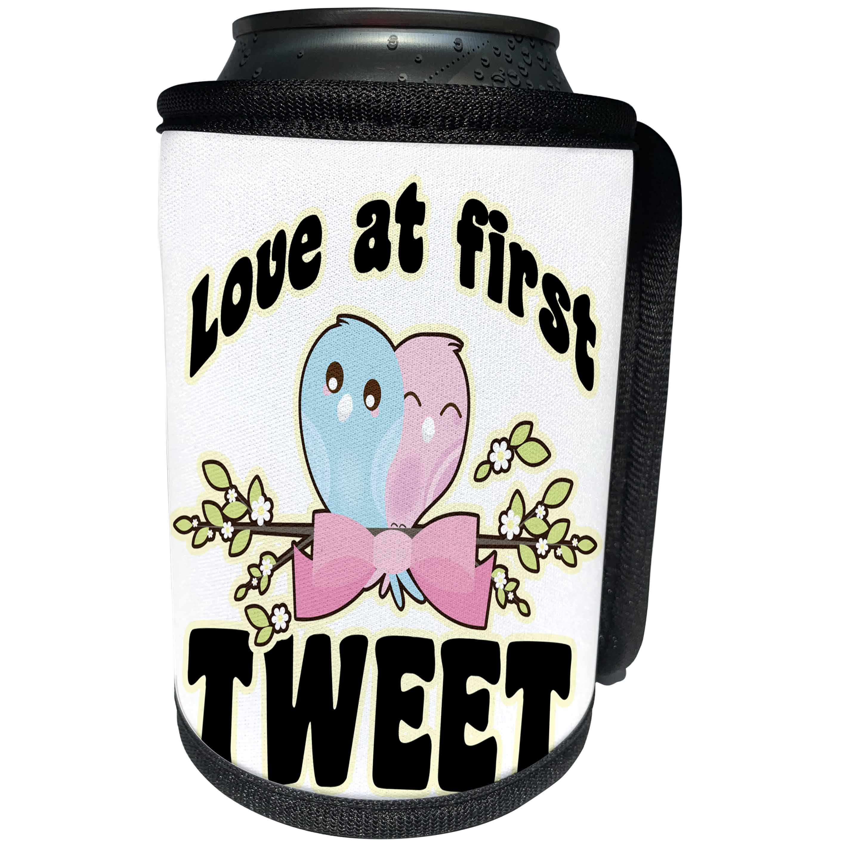 3dRose Dooni Designs - Cute Kawaii Designs - Love At First Tweet Kawaii Love Birds - Can Cooler Bottle Wrap (cc_239515)