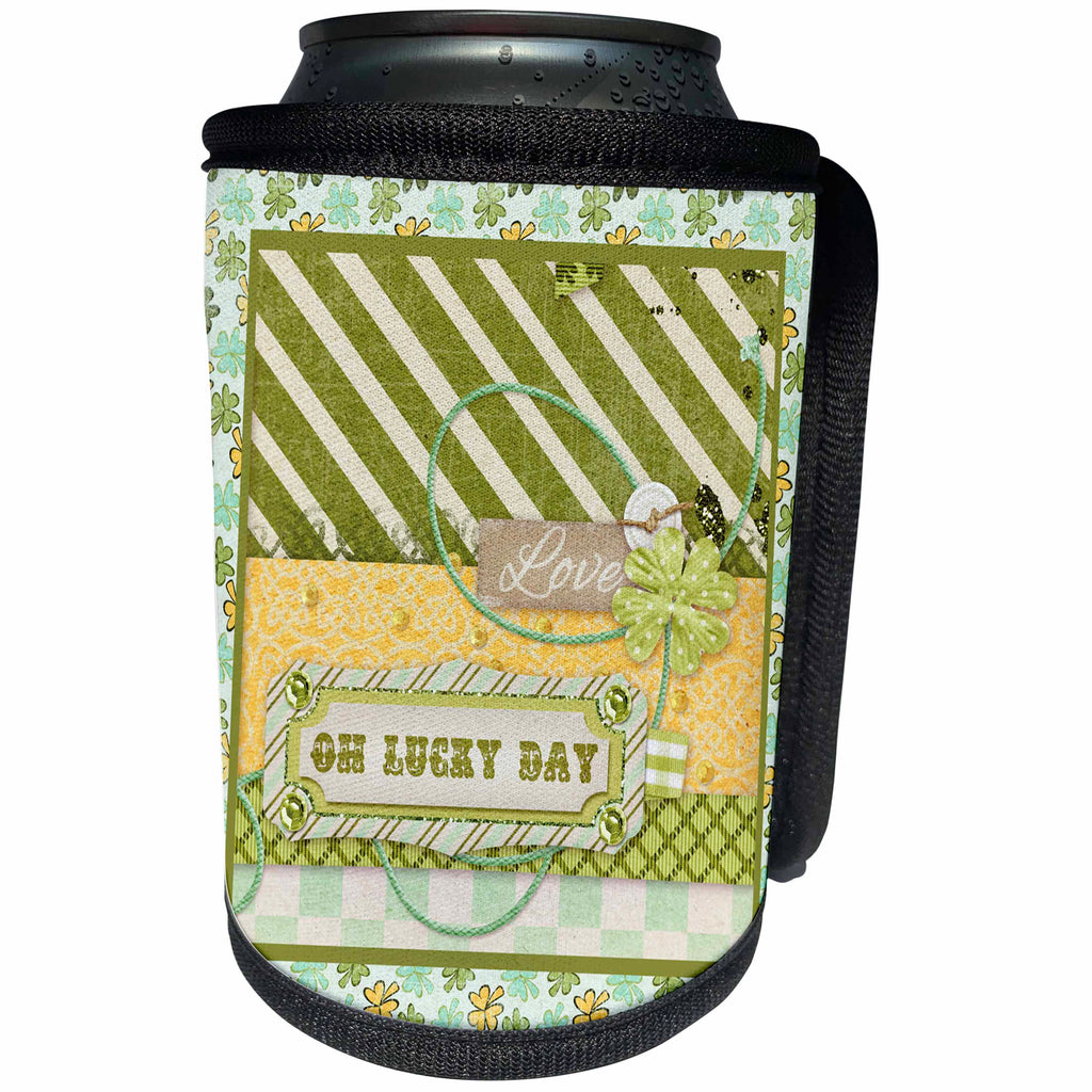 3dRose Beverly Turner St Patrick Day Design - Oh Lucky Day, Love, Shamrock on Banner, Buttons, Line, Diamond - Can Cooler Bottle Wrap (cc_239517)
