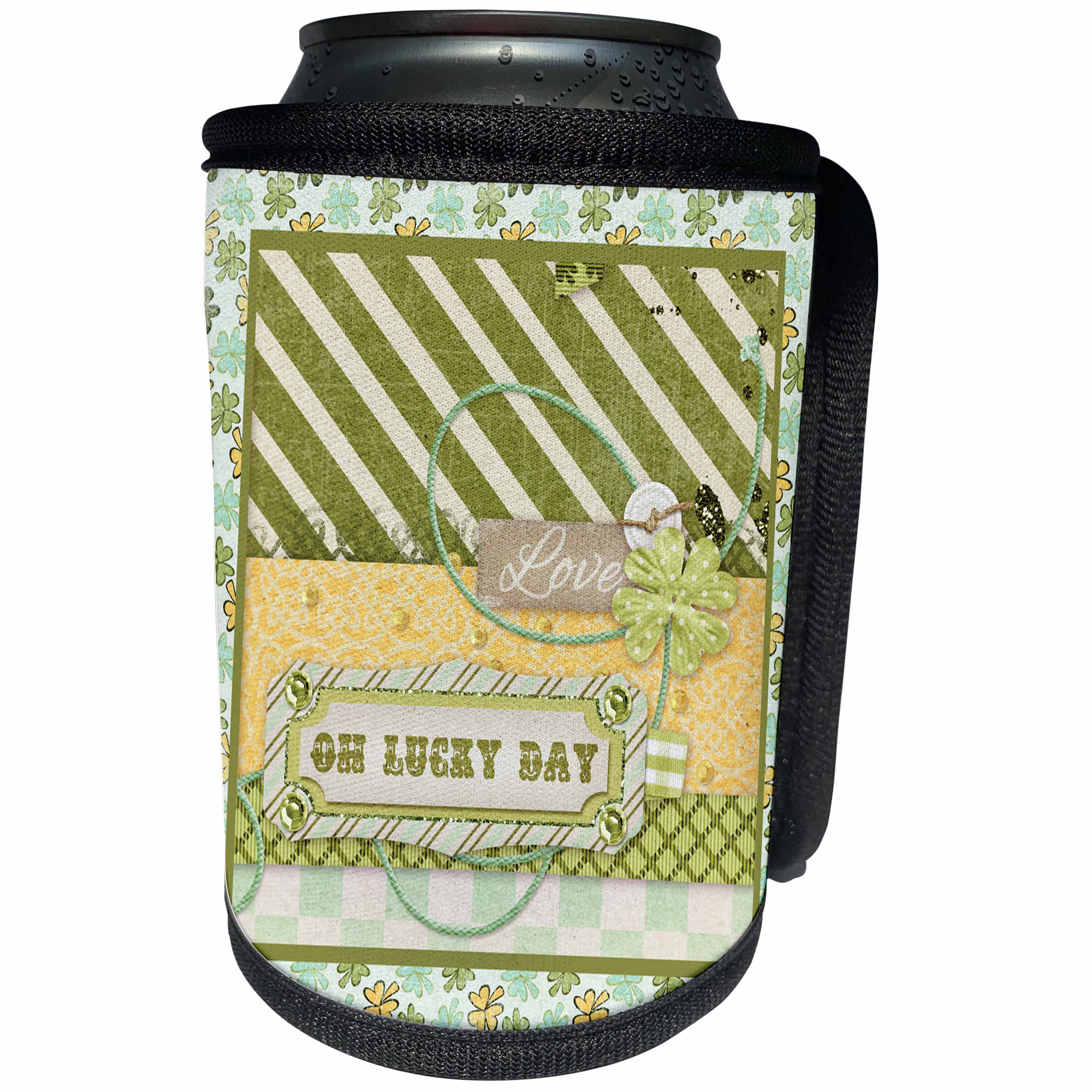 3dRose Beverly Turner St Patrick Day Design - Oh Lucky Day, Love, Shamrock on Banner, Buttons, Line, Diamond - Can Cooler Bottle Wrap (cc_239517)