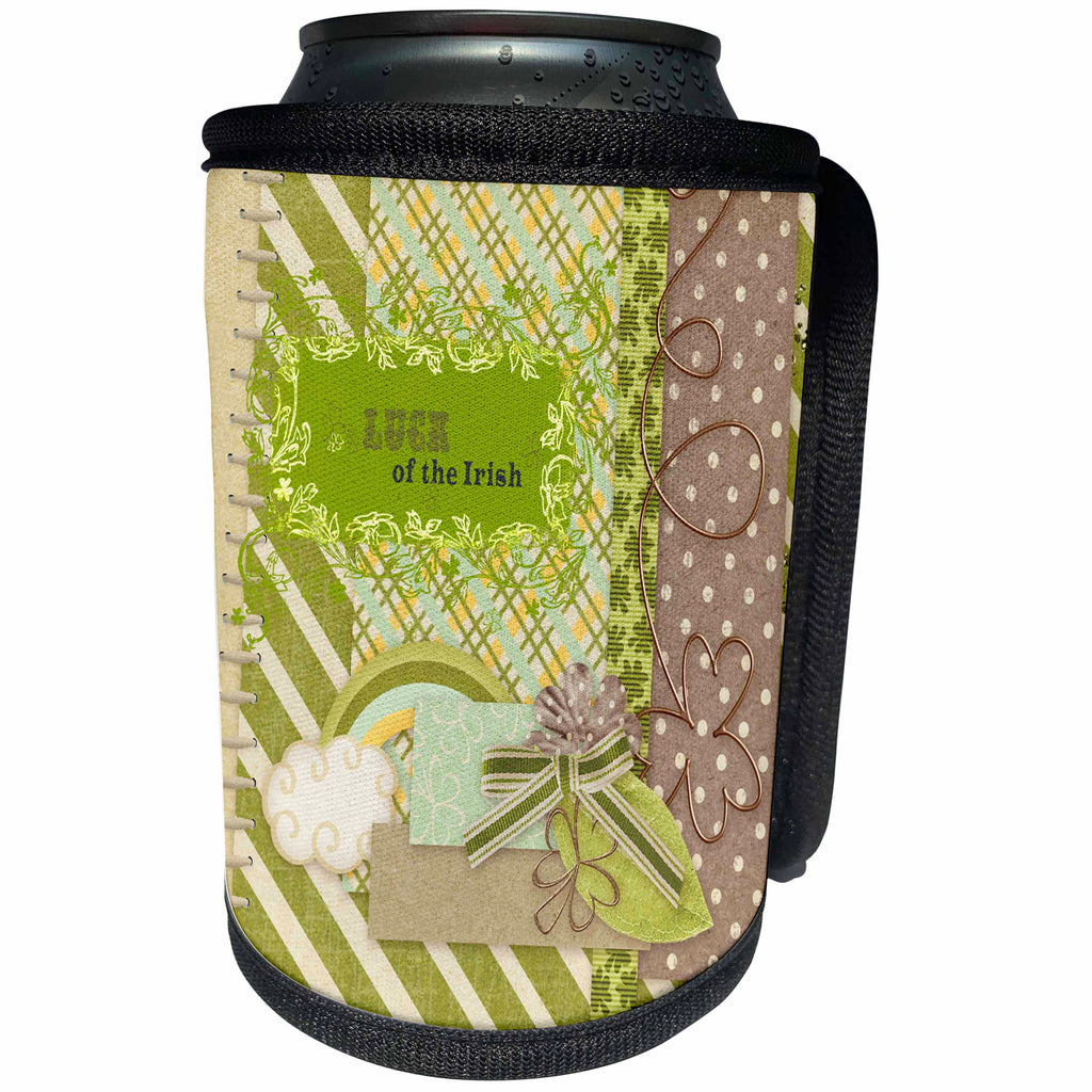 3dRose Beverly Turner St Patrick Day Design - Luck of the Irish, Elegant Green Banner, Gold Wire Look Shamrocks, Can Cooler Bottle Wrap (cc_239518)
