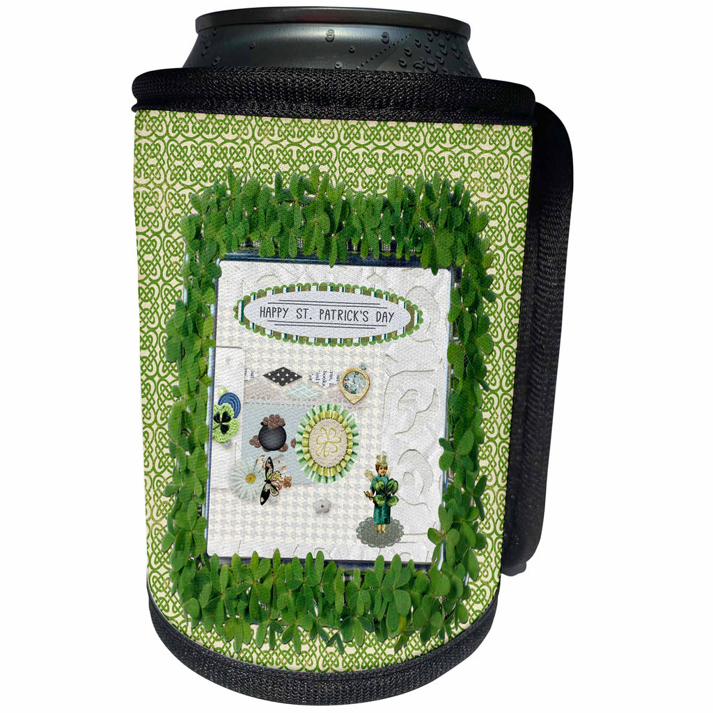 3dRose Beverly Turner St Patrick Day Design - Vintage Irish Lady, Pot of Gold, Yarn Shamrock, Shamrock Frame - Can Cooler Bottle Wrap (cc_239519)